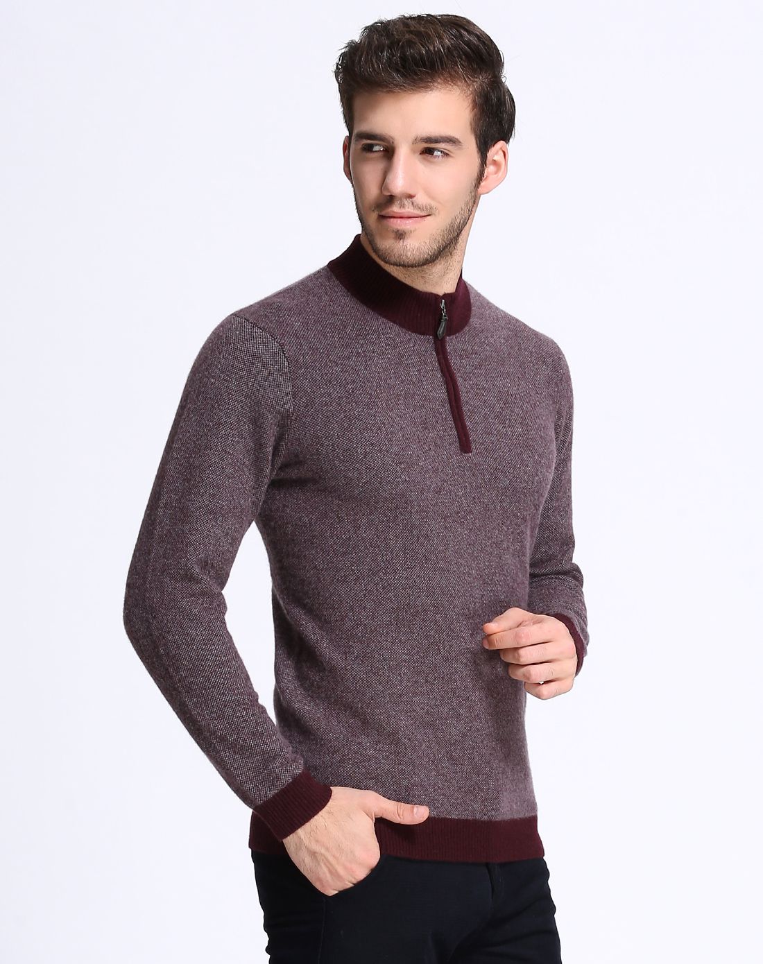 皮尔·卡丹羊绒衫男女装男款浅红咖经典半拉链羊毛衫b21wp17527a3