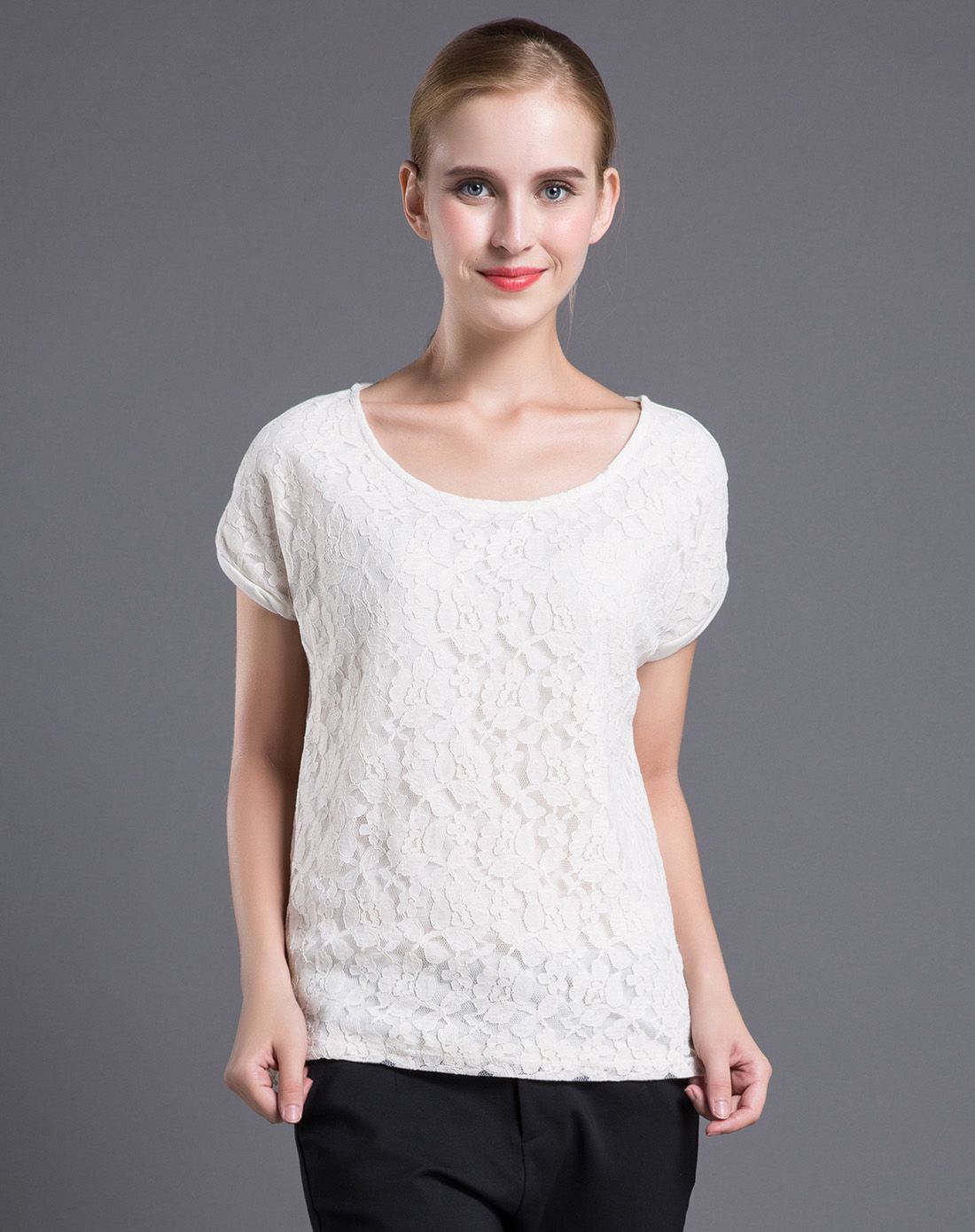 女式黑色休闲蕾丝短袖t恤