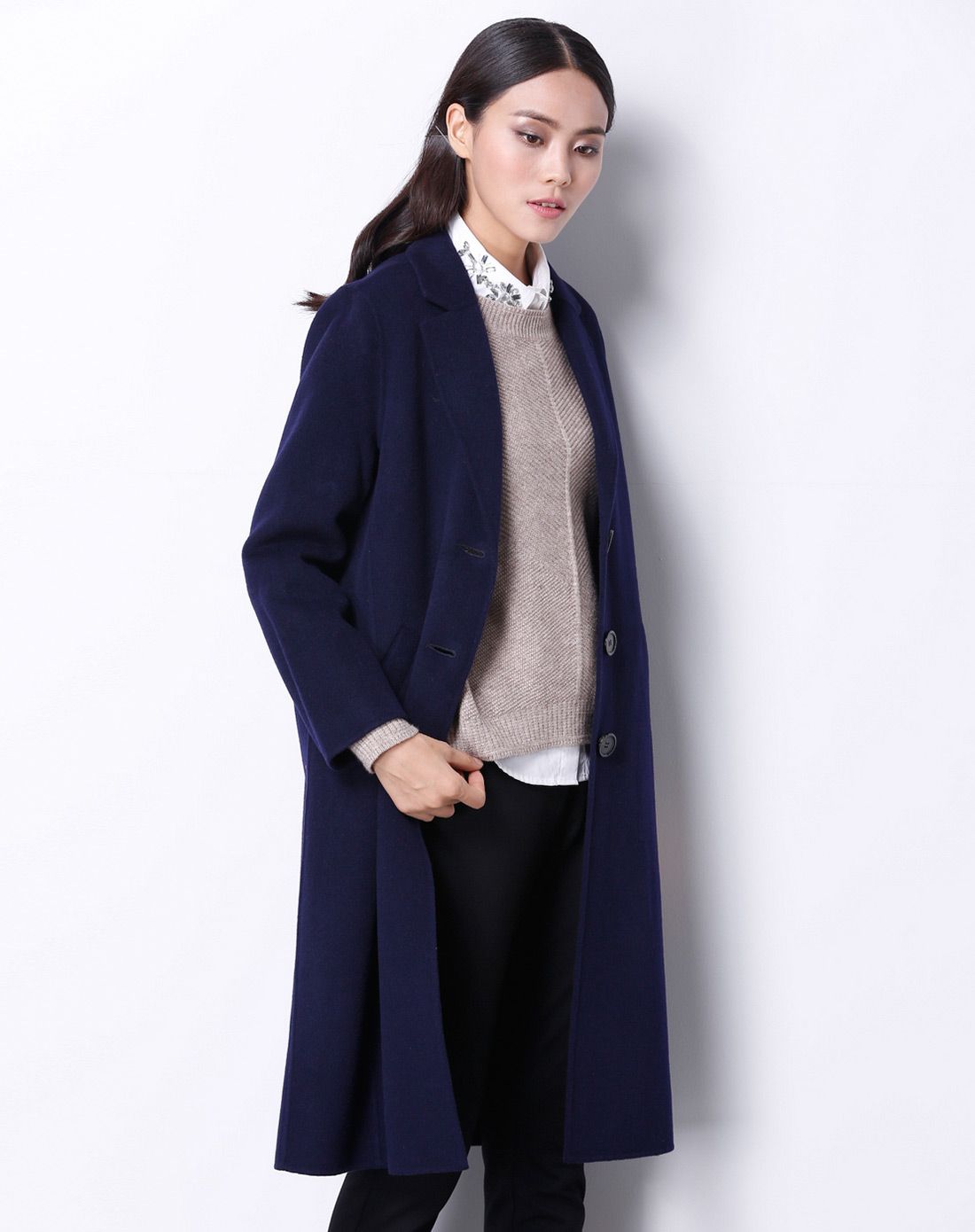 藏蓝色简约羊毛双面呢大衣