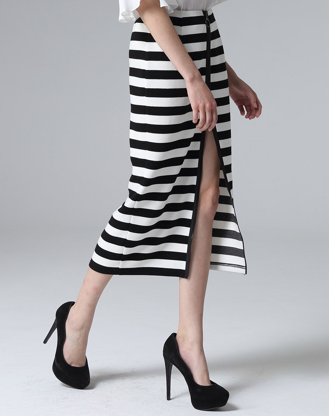 条纹开叉直筒半身裙