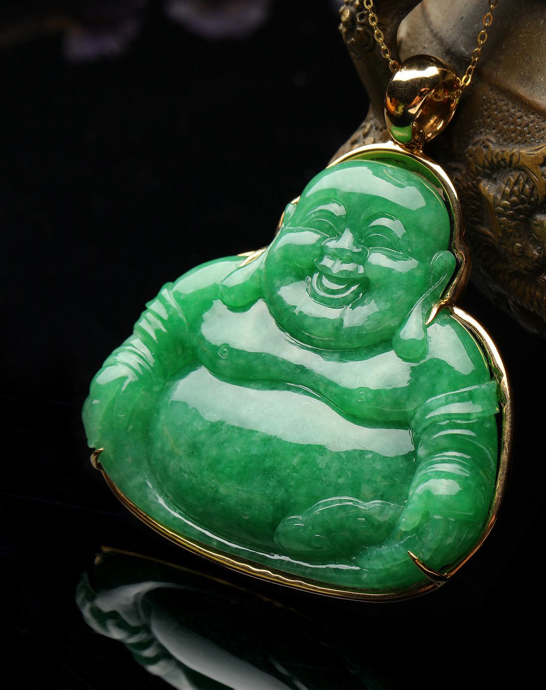 东方翡翠 豆种满绿富贵荣华a货翡翠18k金镶钻吊坠