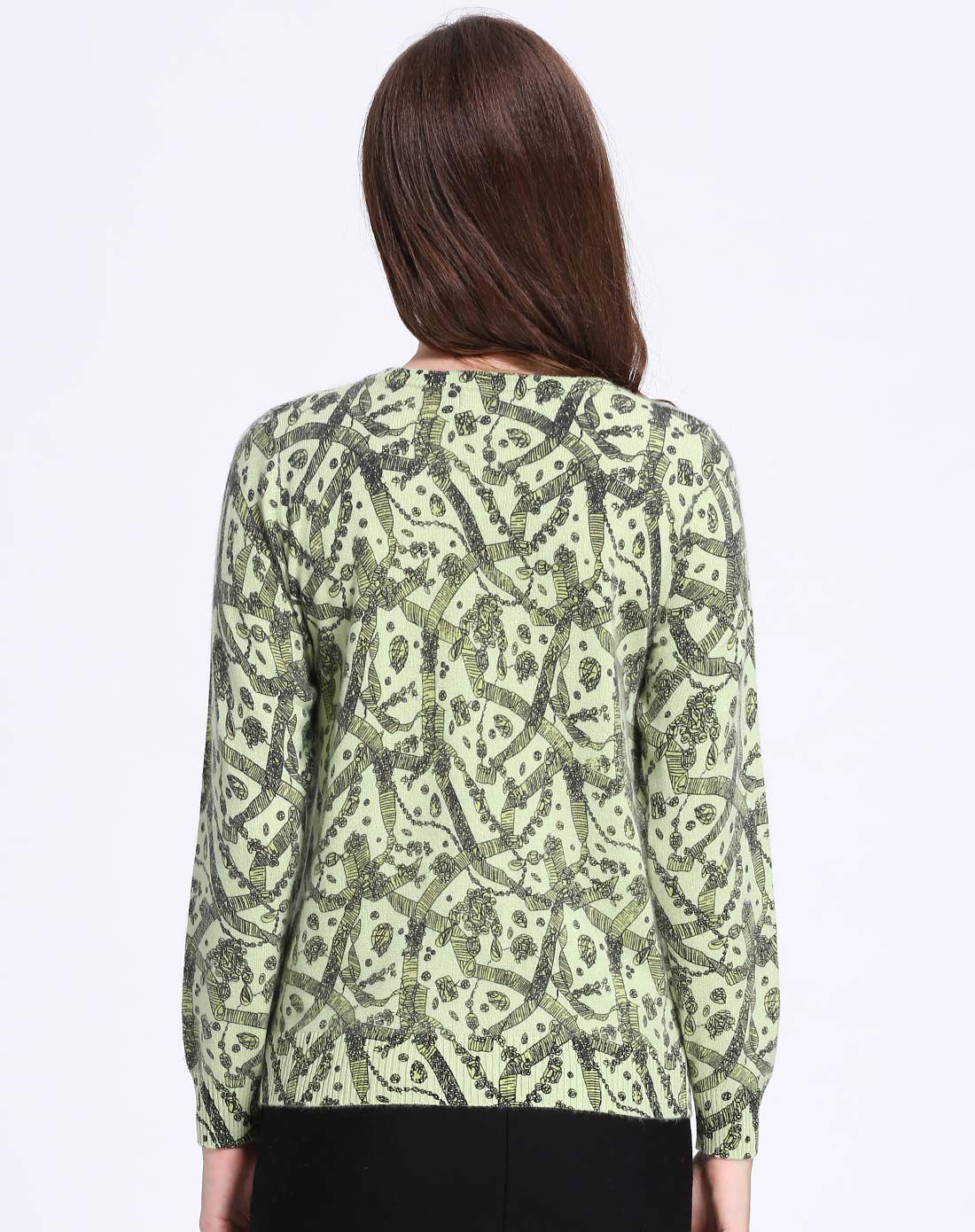 女款浅草绿经典圆领印花羊绒开衫