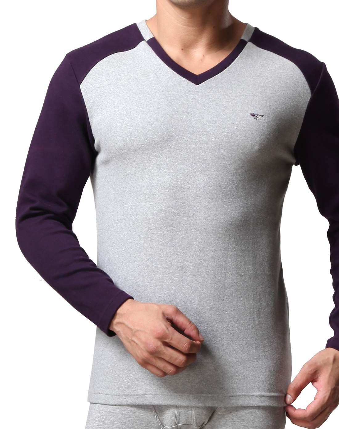 紫红男士撞色v领舒绒莱卡内衣套装