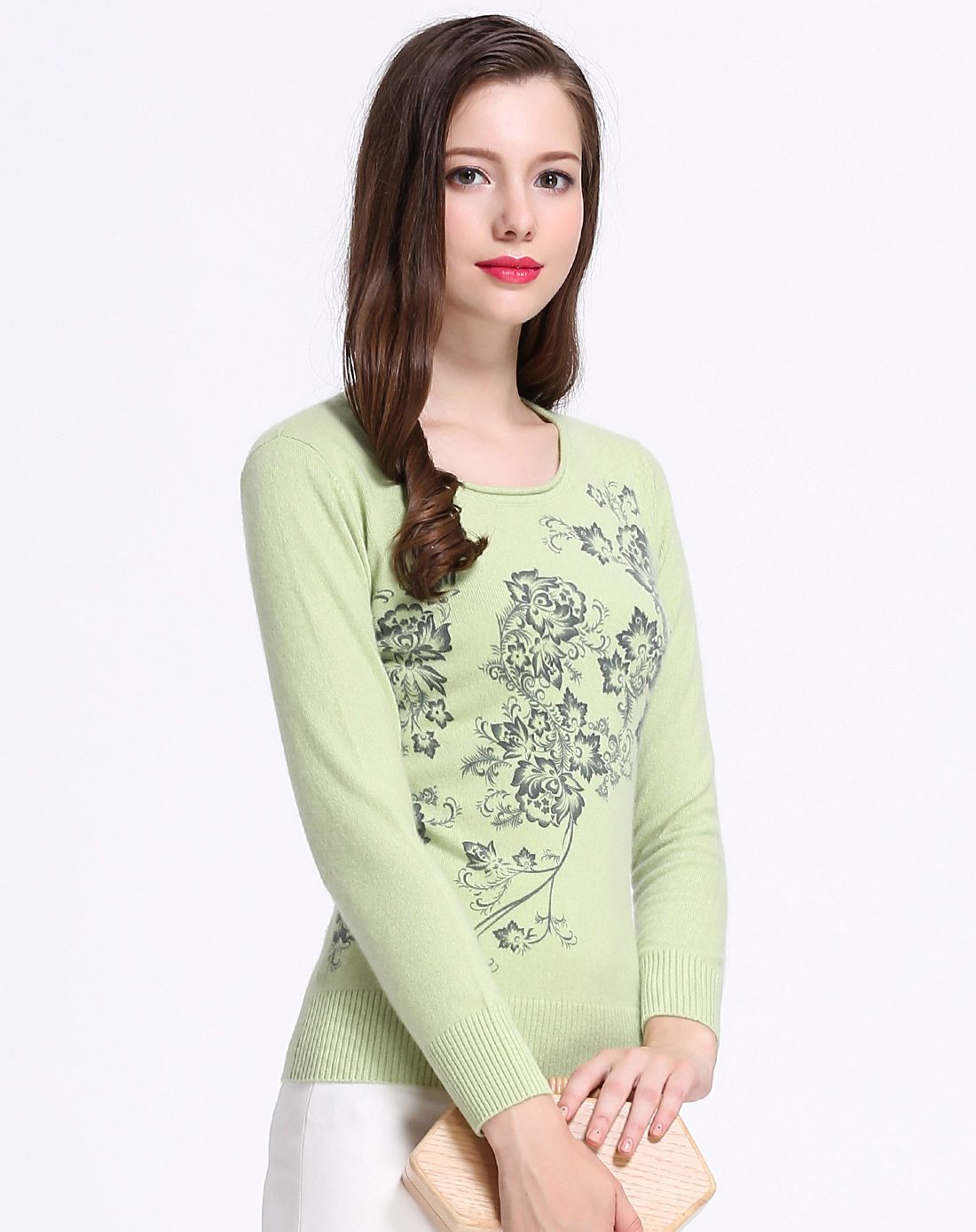 女款浅草绿圆领修身印花羊绒衫