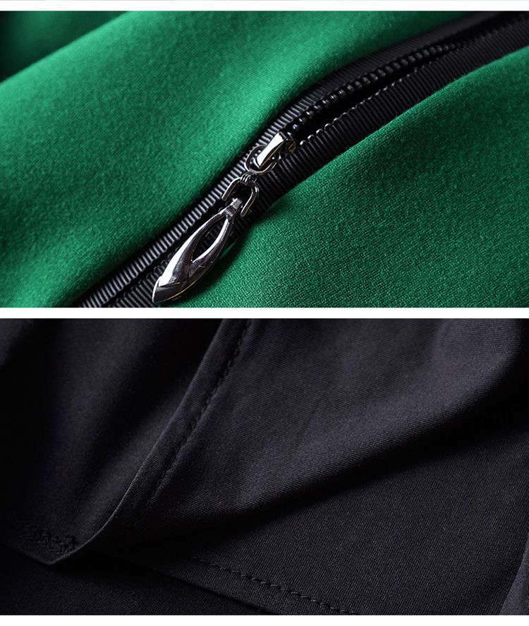 绿黑色九分袖圆领拼接清爽舒适显瘦连衣裙