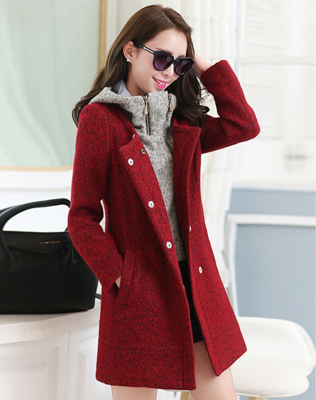 丝柏舍女装移动端专场女暗红色韩版撞色中长款毛呢大衣041785a151_唯