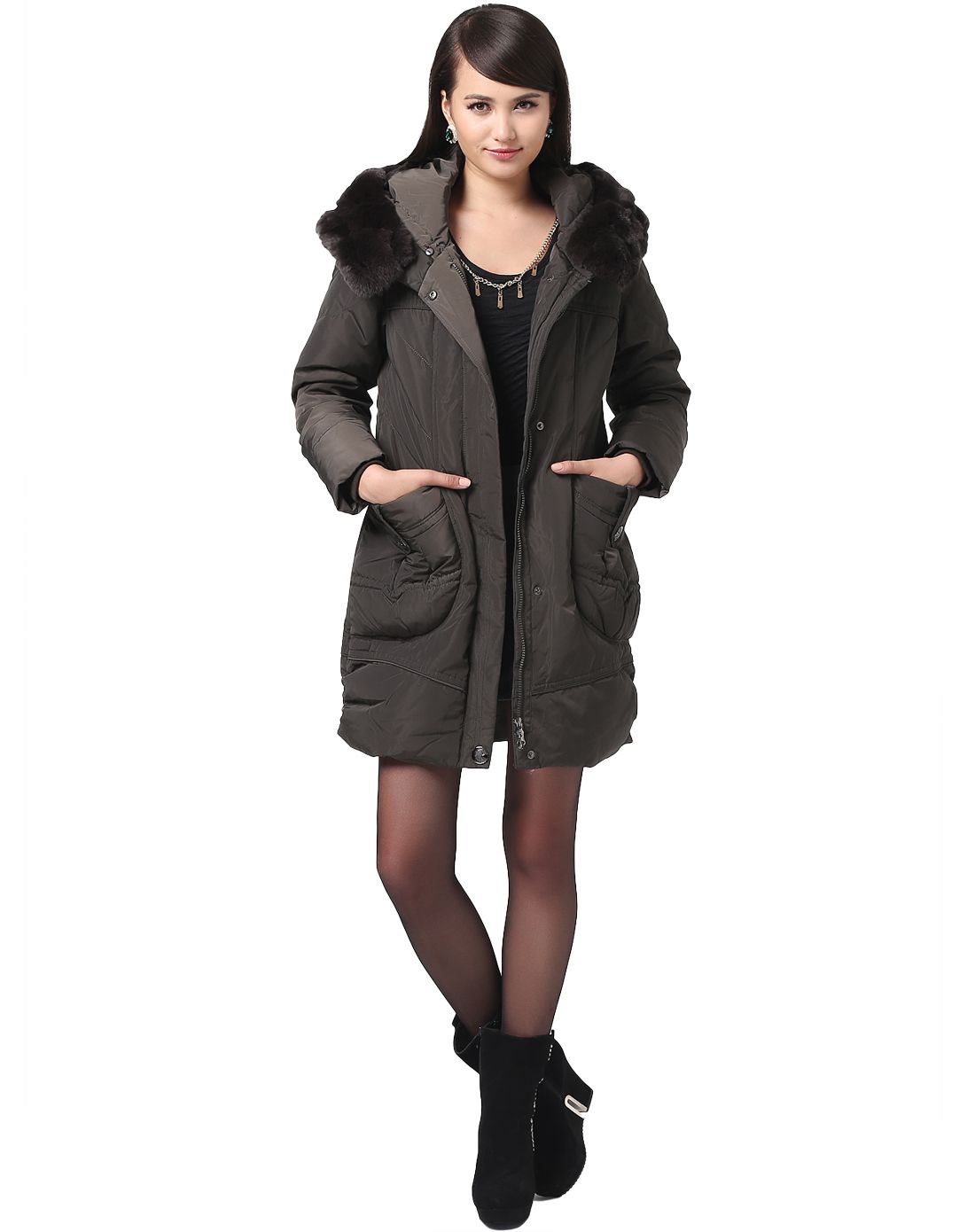 女款咸菜色中长款修身加厚羽绒服