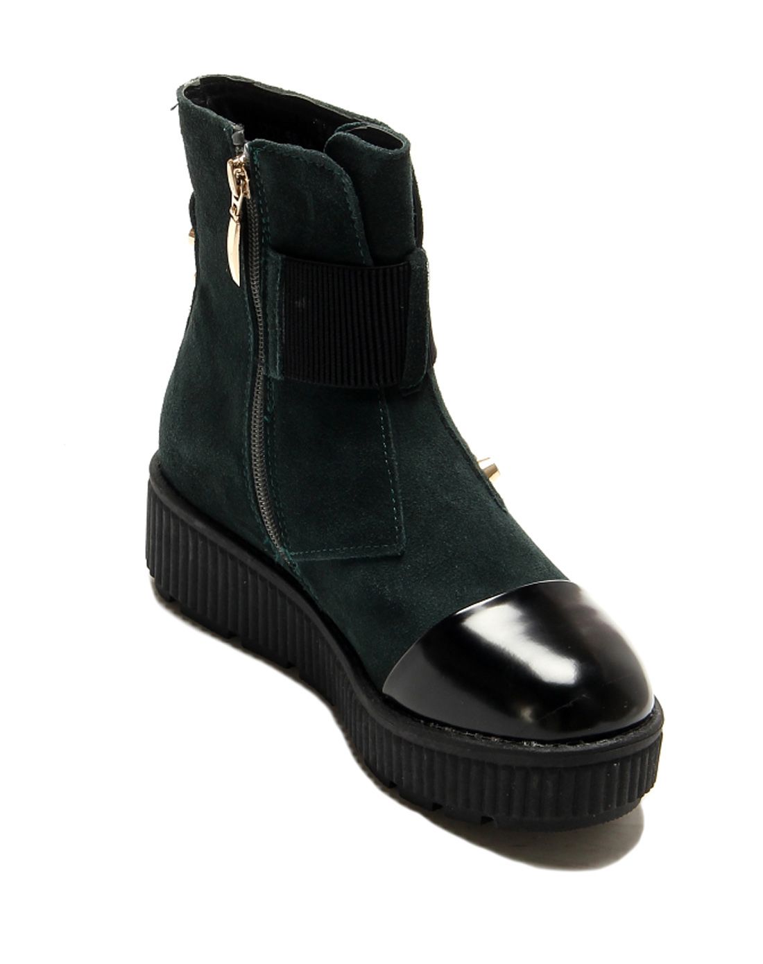 talia女鞋特惠清仓专场墨绿色休闲拼接时尚女士单靴13997001118_唯品