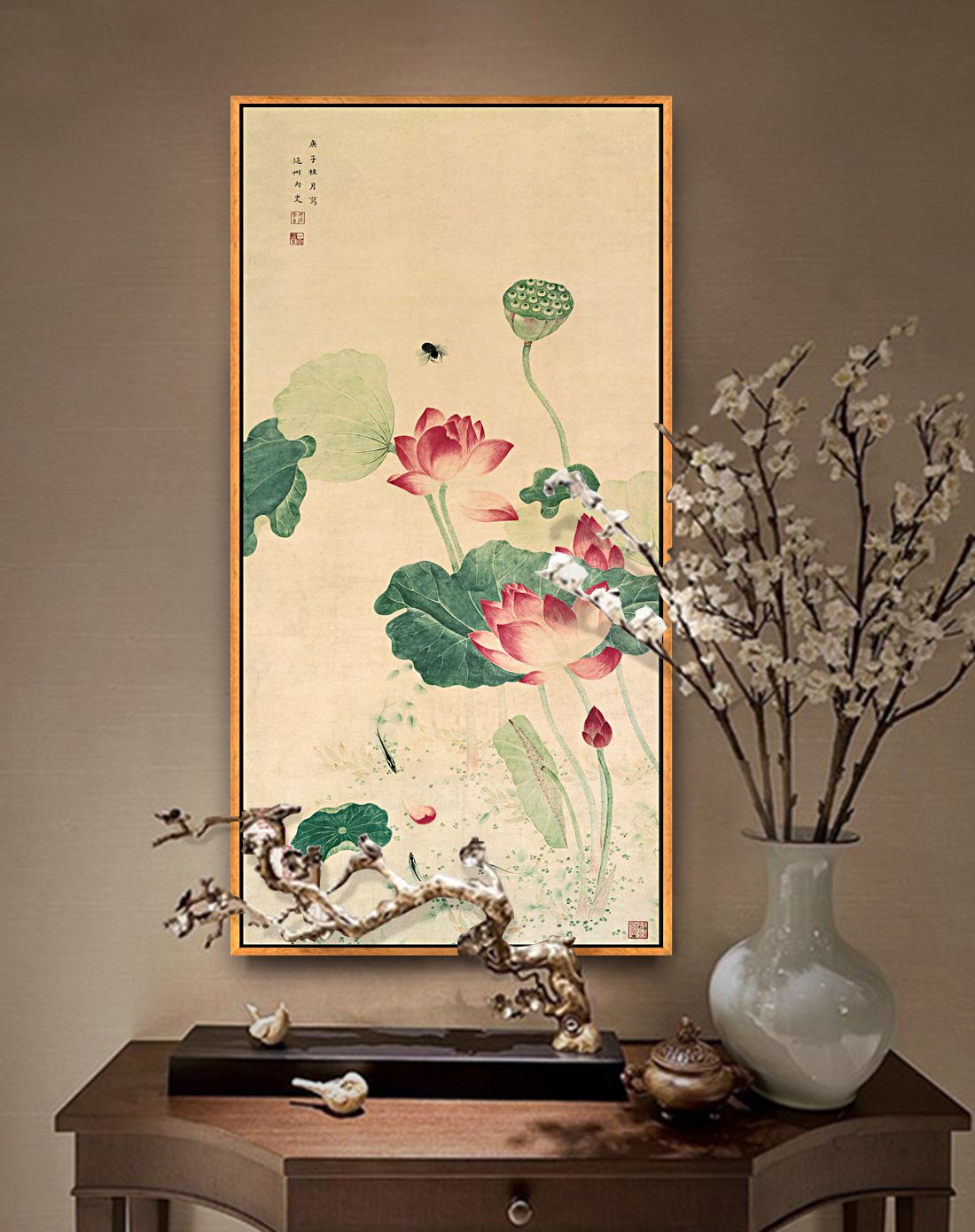 柠檬树新中式家居装饰专场直发货荷花图 现代简约客厅玄关卧室竖版