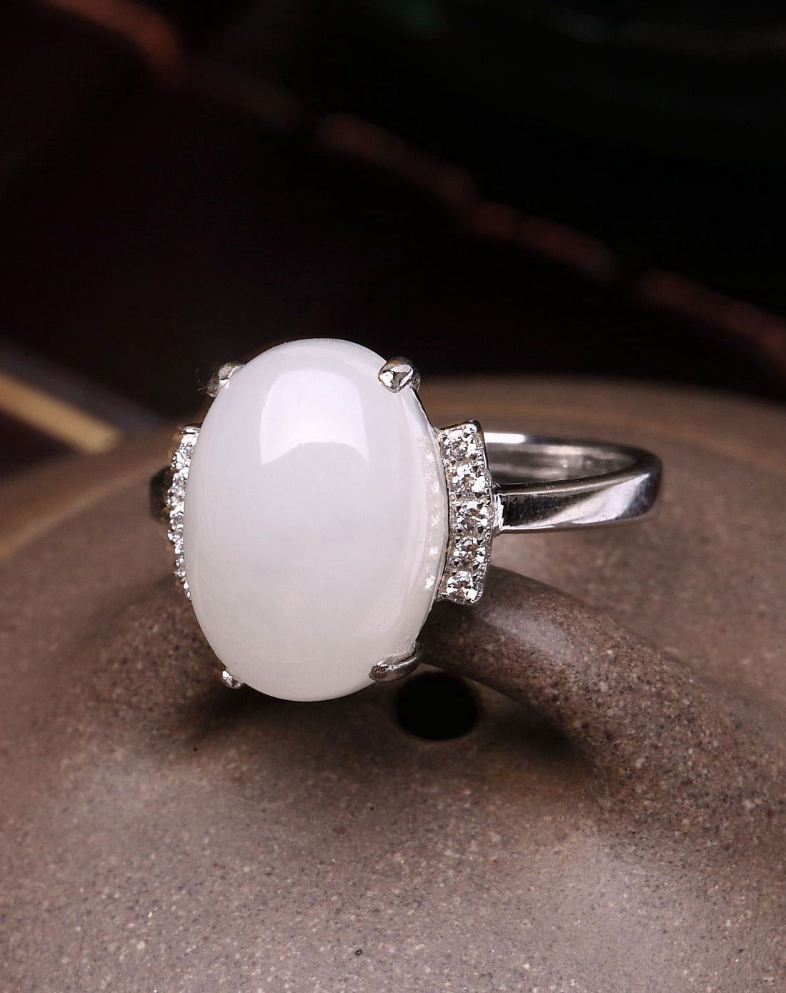 royal gem 925银镶和田玉蛋面活圈戒指