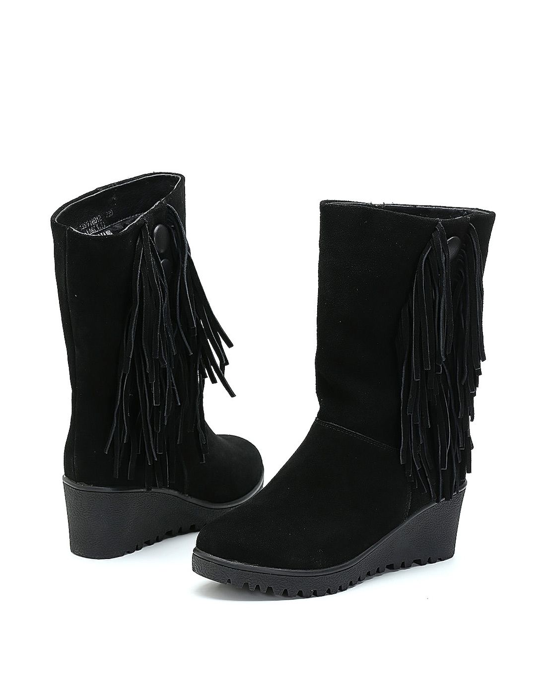 黑色牛皮女鞋保暖流苏靴牛筋底马丁靴