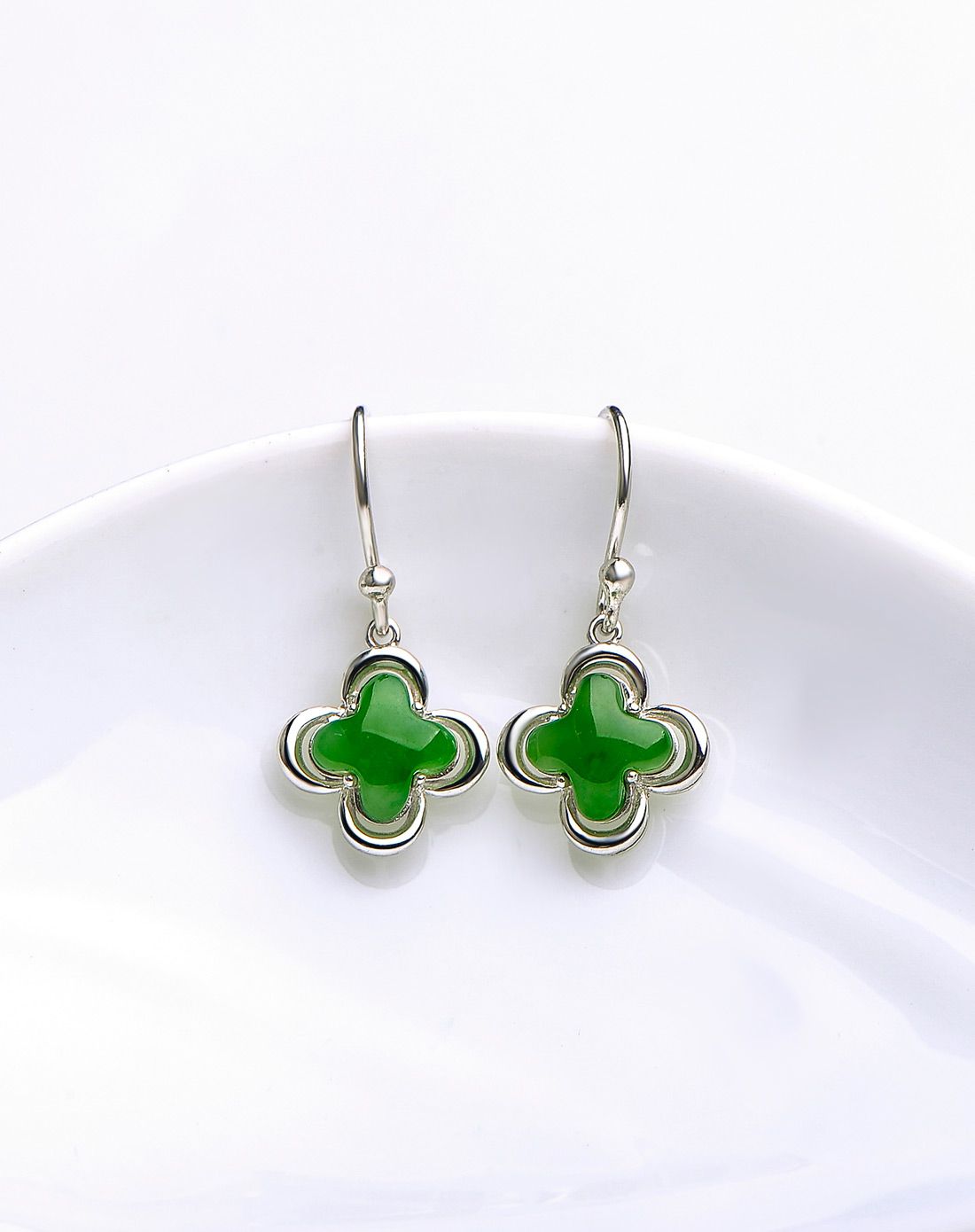 mary windsor 银镶和田碧玉四叶草耳坠(附证书)