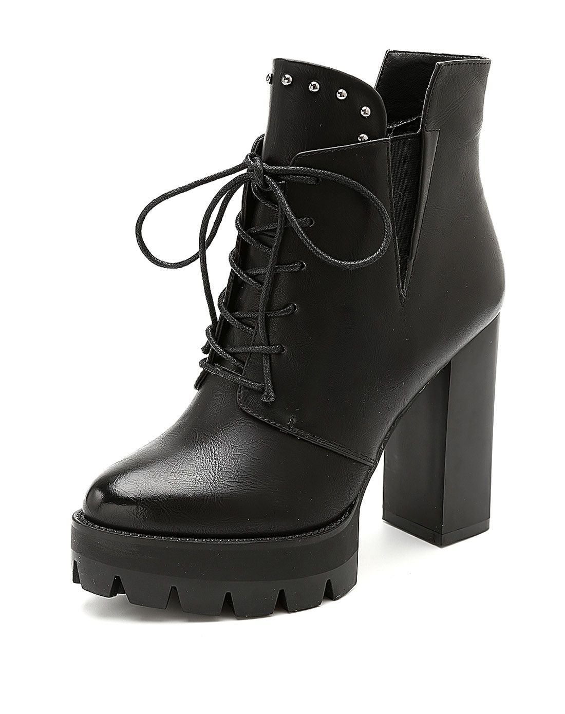 枪色铆钉时尚粗方跟女士中靴