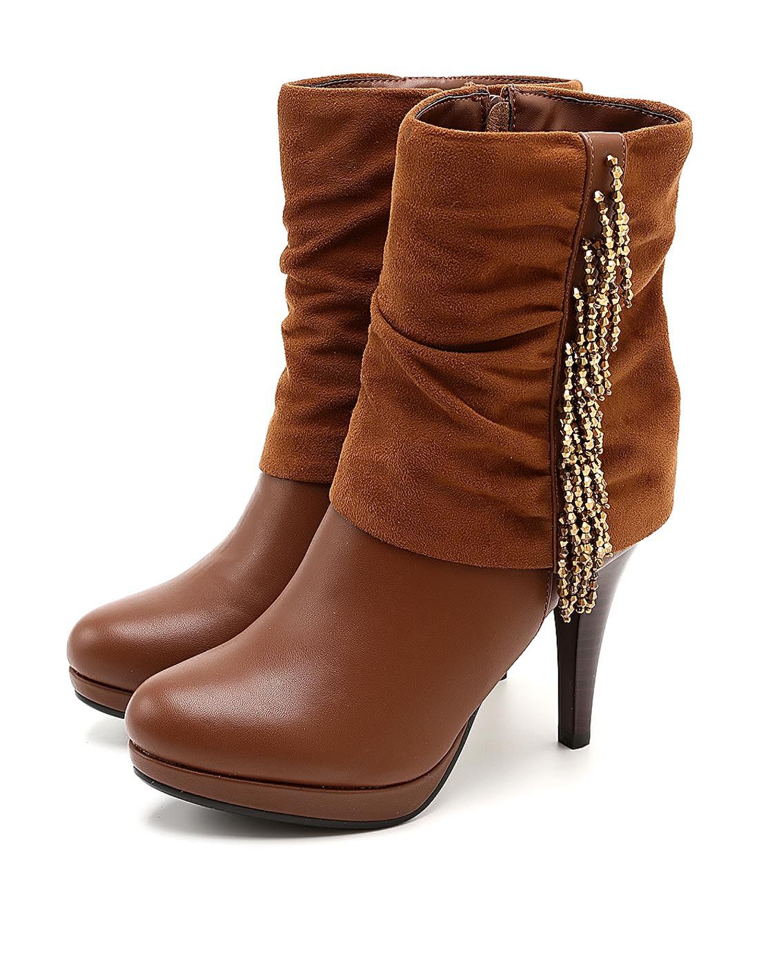 棕色欧美时尚细跟女士中靴