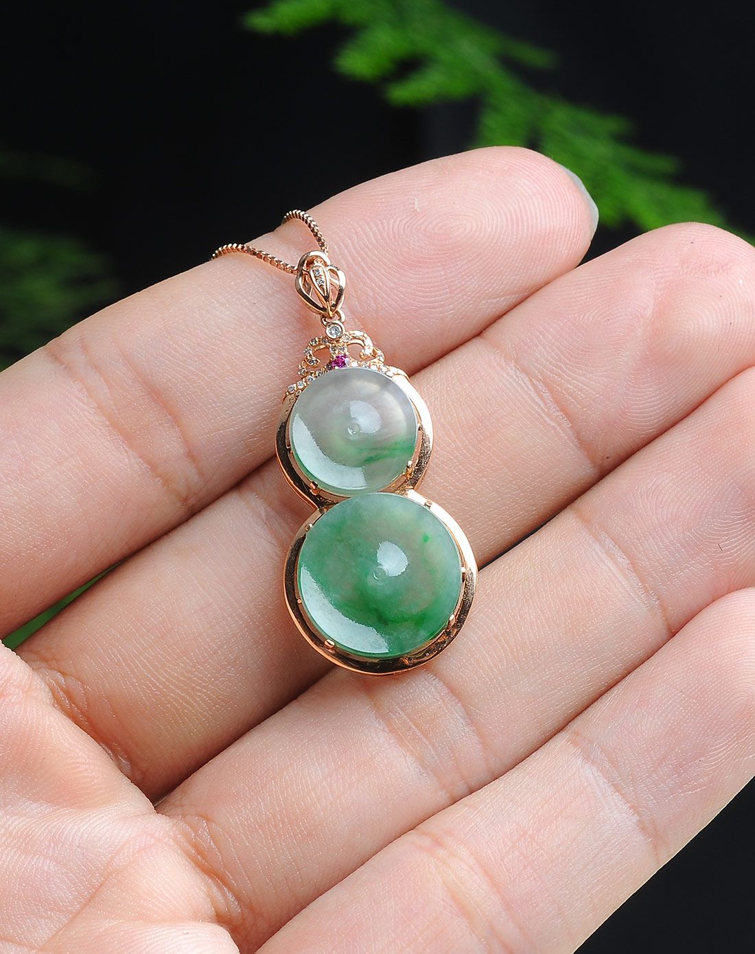 亿珍阁 18k金双镶嵌a货双平安扣葫芦翡翠吊坠