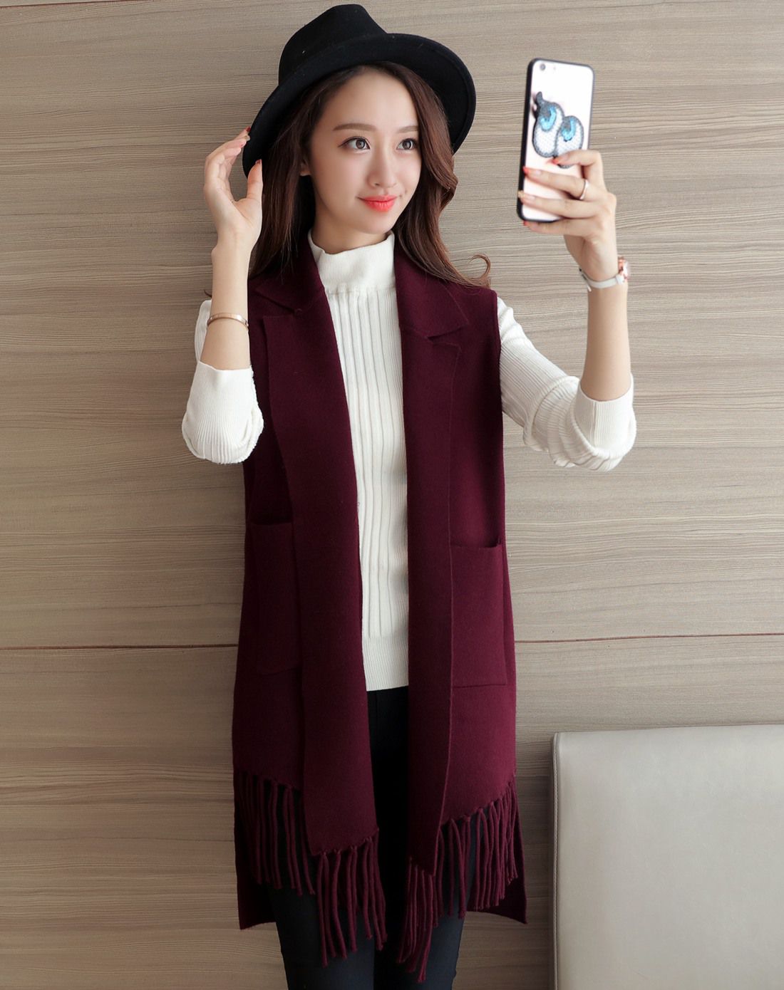 迹忆tracememory女装移动端专场女灰色中长款无袖下摆流苏针织马甲txw