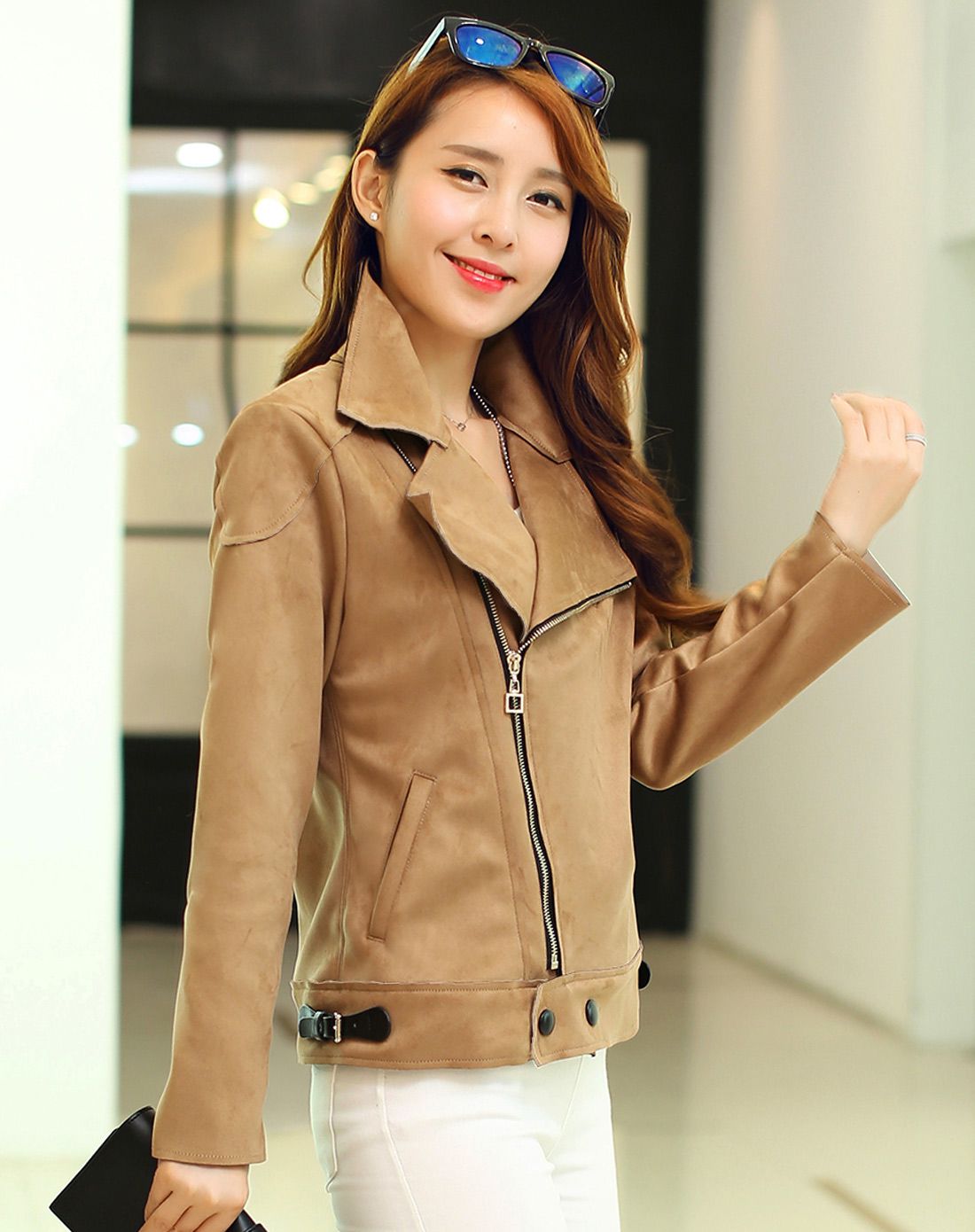 棕色翻领长袖韩版短款外套