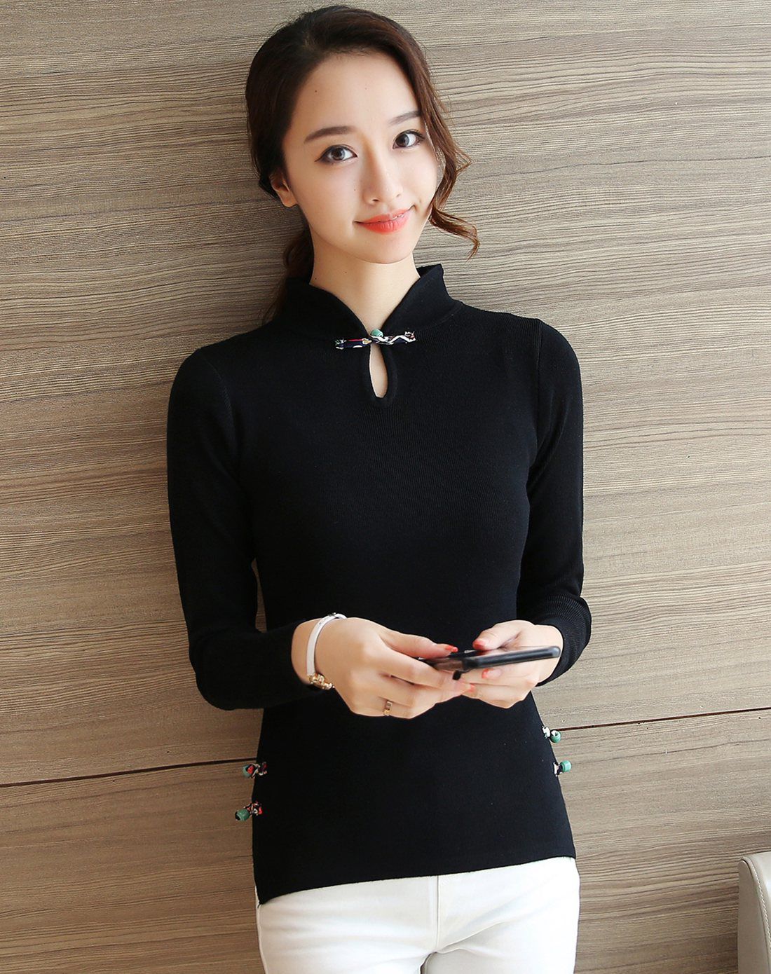 修身旗袍领显瘦针织衫