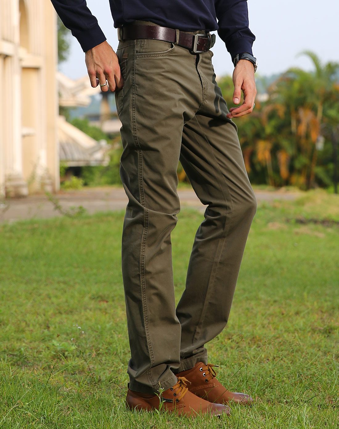 简约舒适 纯棉中腰 军绿色休闲长裤