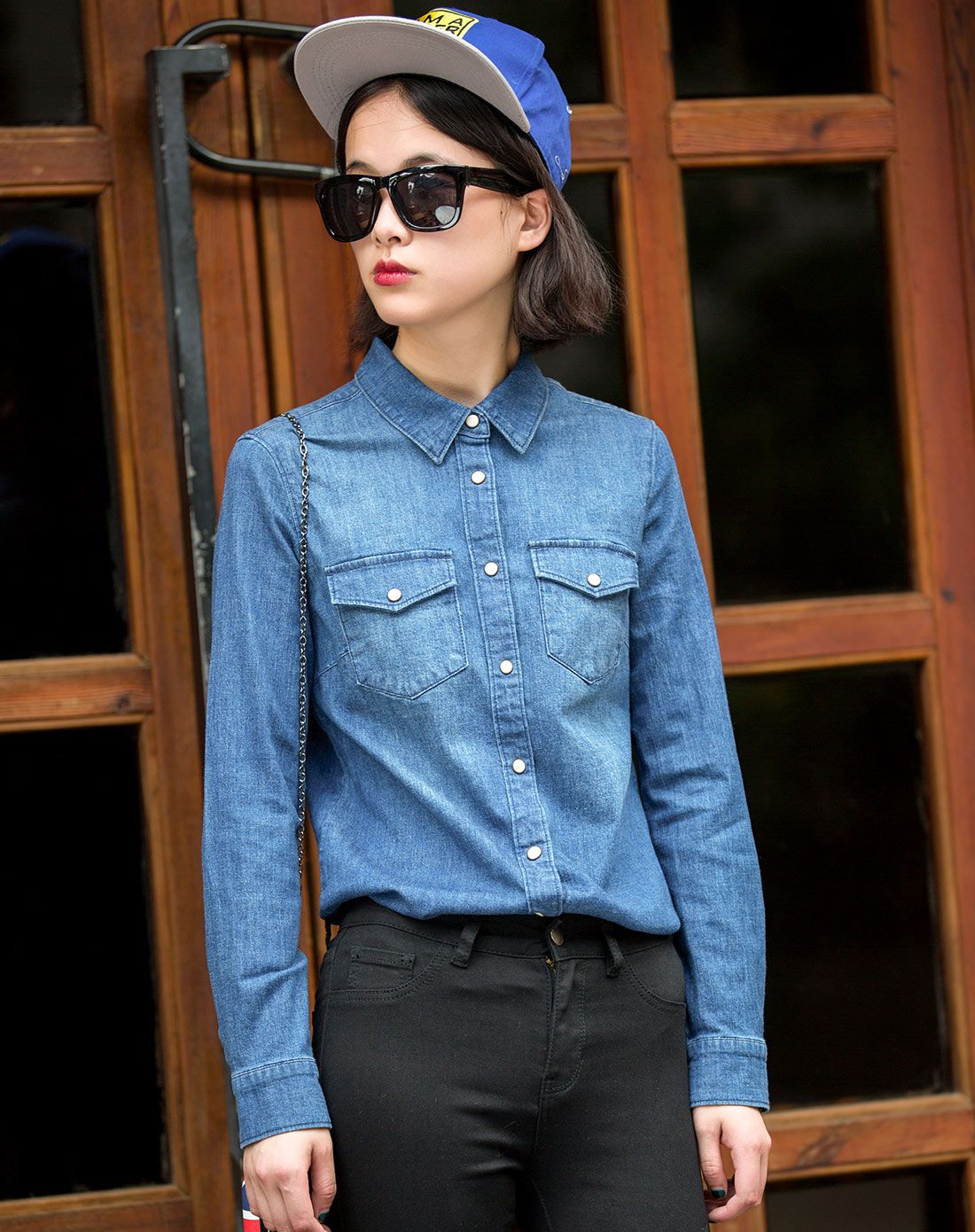 (特惠)女款深牛仔蓝长袖修身弹力牛仔衬衫
