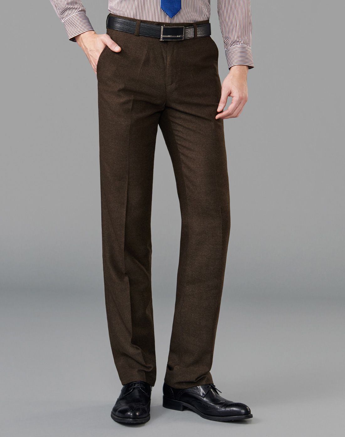 咖啡色磨毛直筒商务西裤