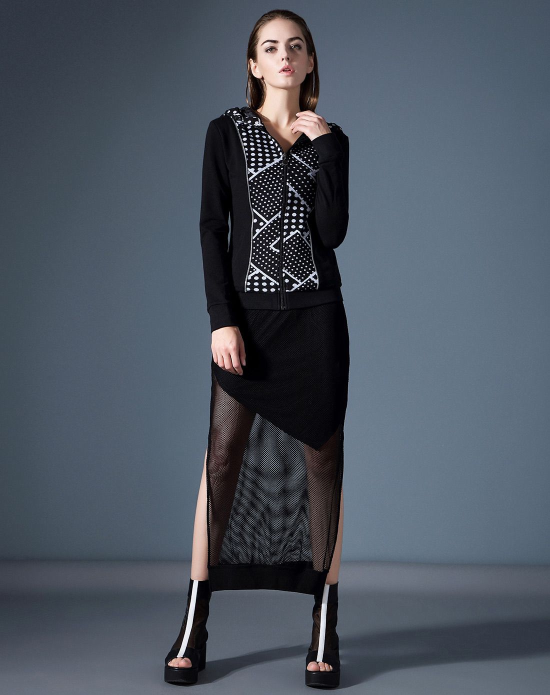 进口交织波点拼接连帽上衣花