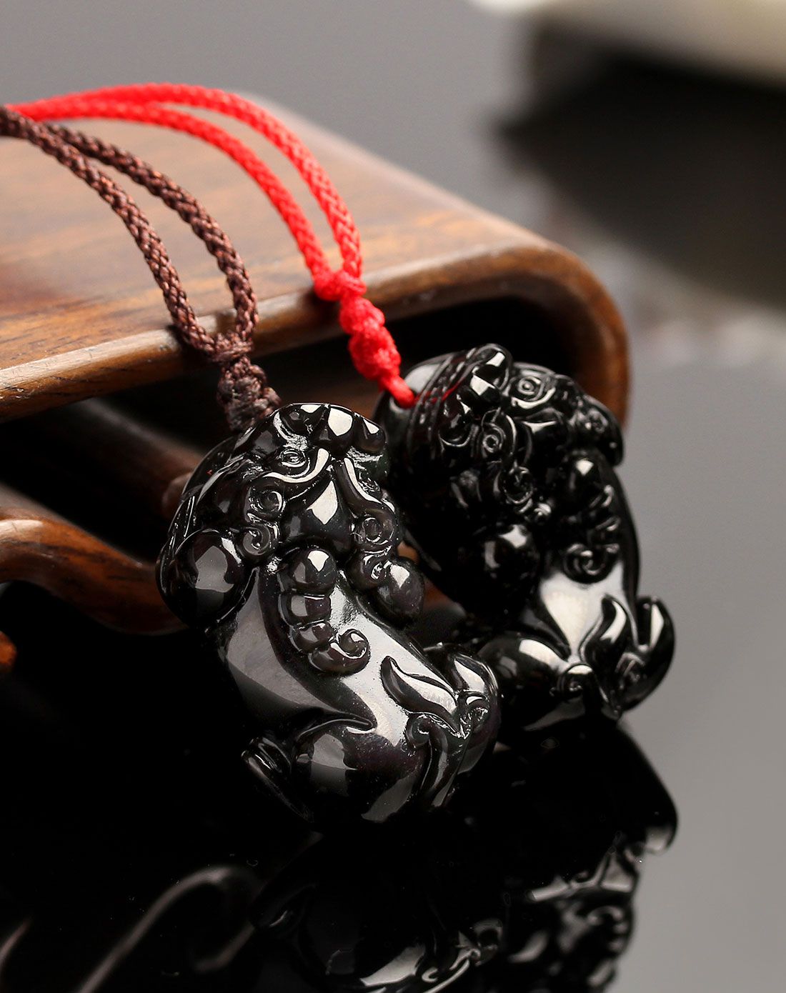 一生一石 天然彩眼黑曜石貔貅吊坠情侣对