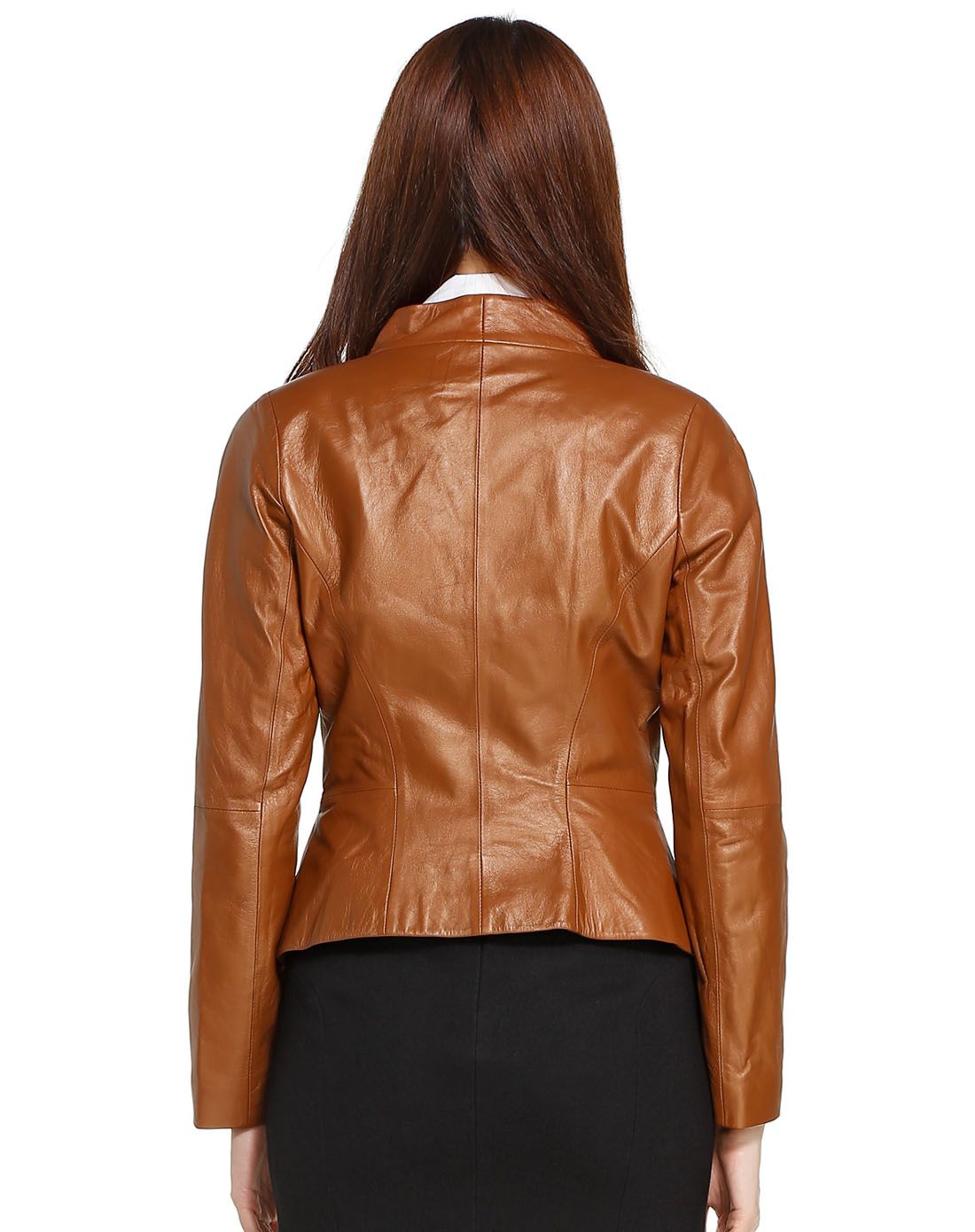 红褐色插肩袖立领皮衣