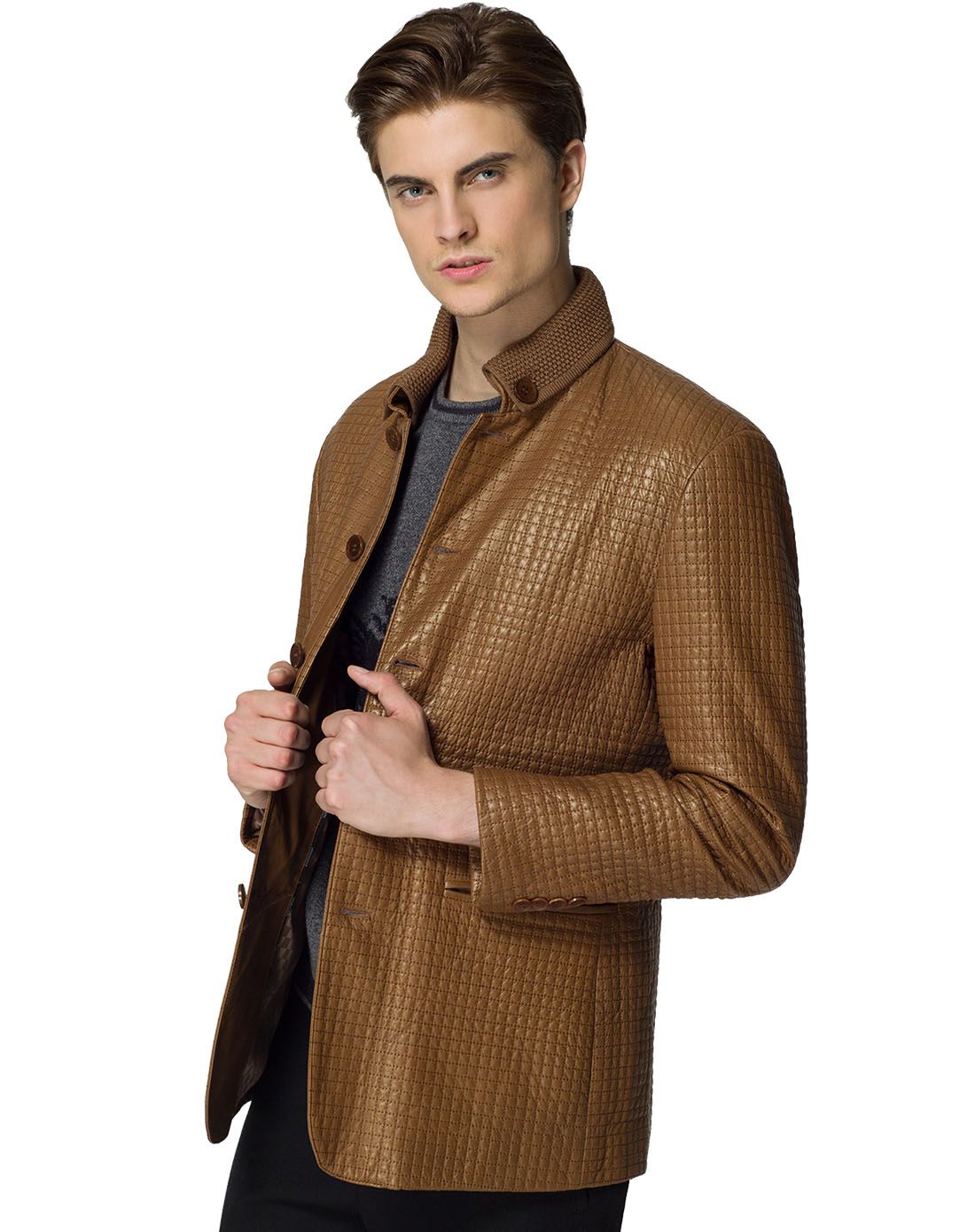 男款浅棕色潇洒时尚长袖皮衣