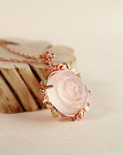 一生一石 天然粉水晶玫瑰花吊坠