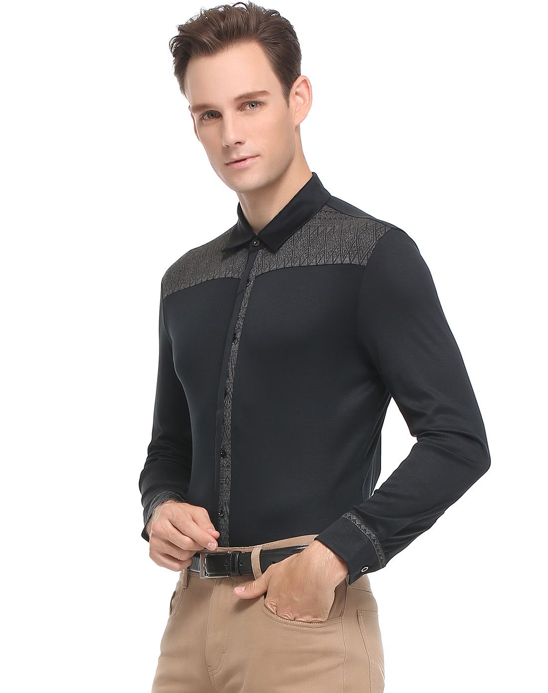 莱赛尔纤维黑色帅气百搭长袖衬衫