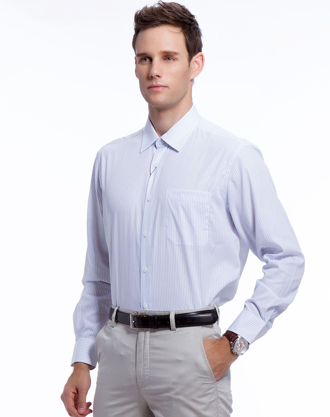 蚕丝棉竖条纹正装长袖衬衫