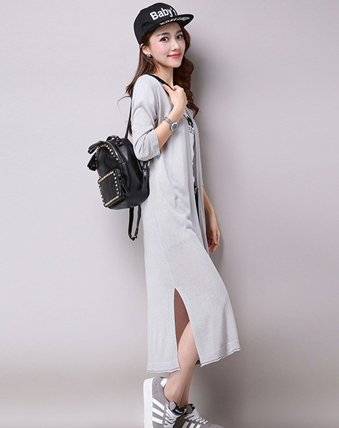 丝柏舍女装特惠专场女灰色七分袖纯色长款开衫s62a1045a11_唯品会