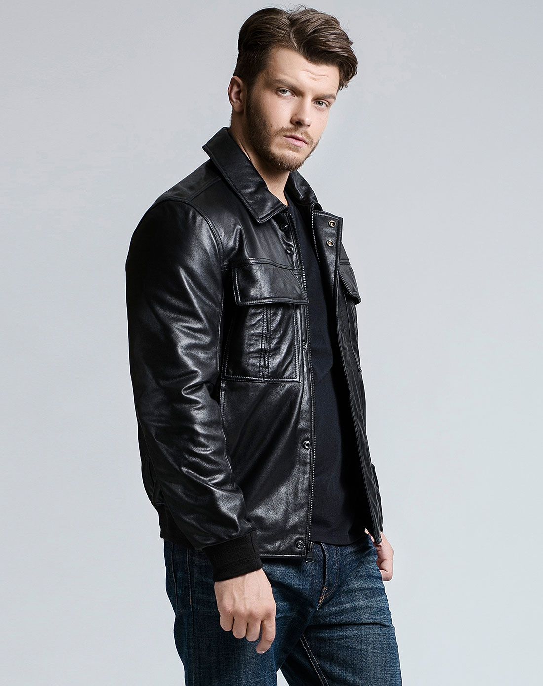 男士衬衫领多口袋透气飞行绵羊皮夹克