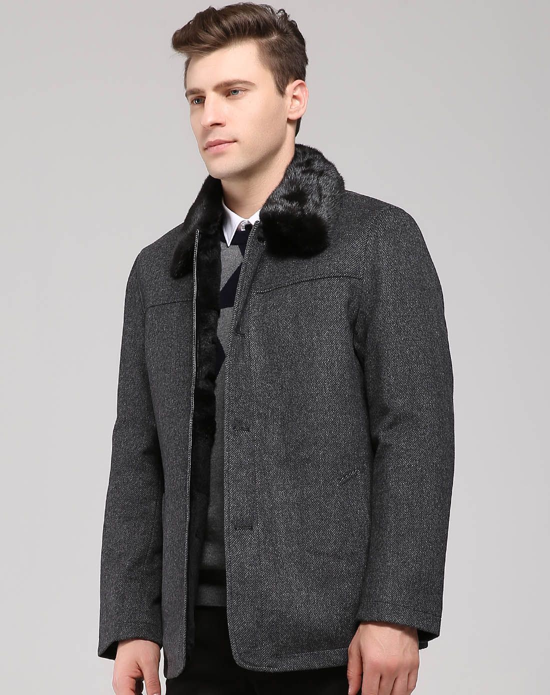 兔毛内胆水貂毛领丝羊毛大气翻领男士尼克服