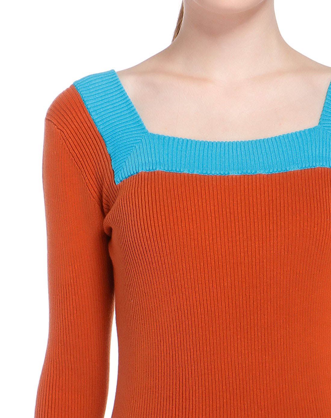 撞色个性针织衫棕桔色