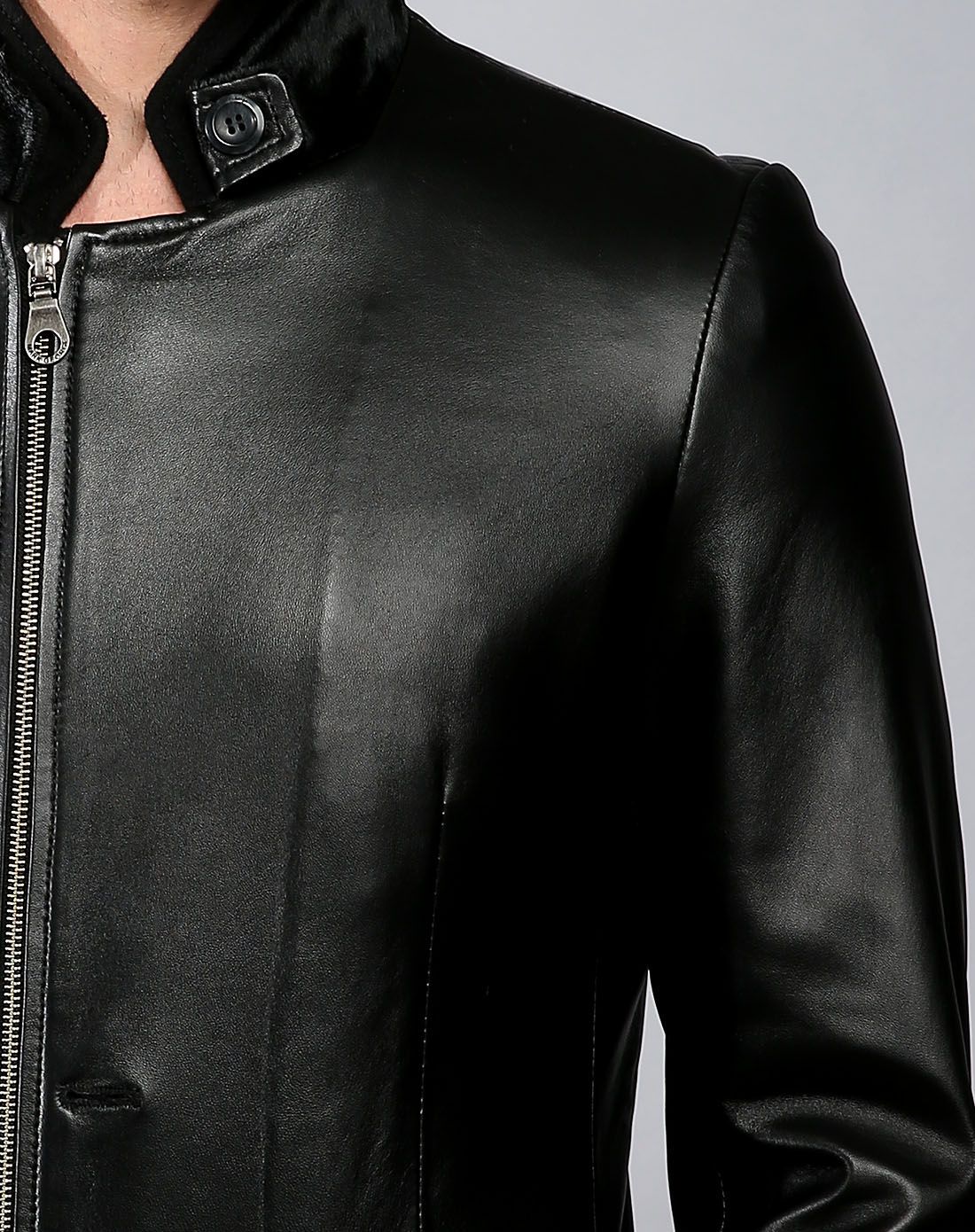 胎牛皮领光面绵羊皮时尚帅气立领单皮衣