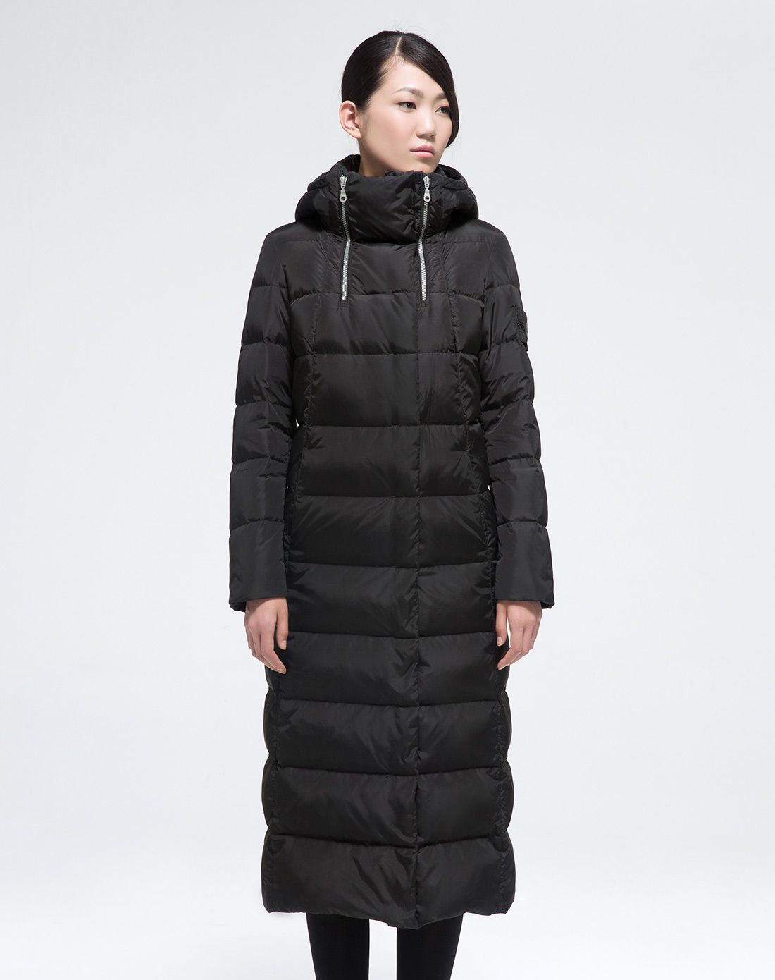 墨绿色刺绣连帽加长加厚过膝长款羽绒服