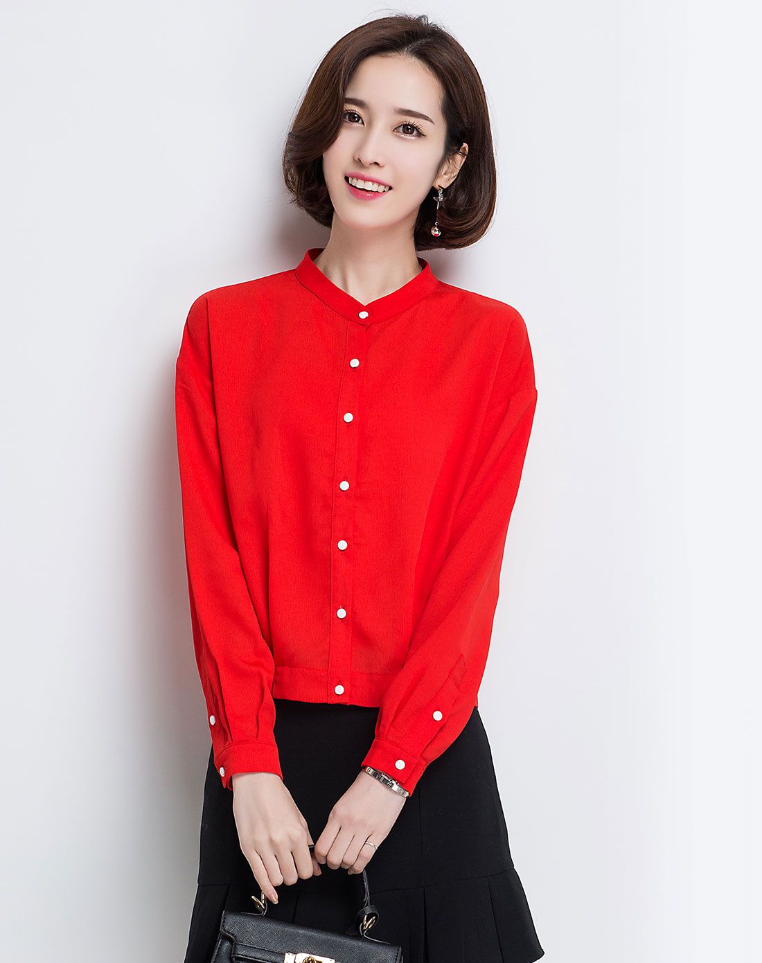 女款时尚企领纯色长袖上衣