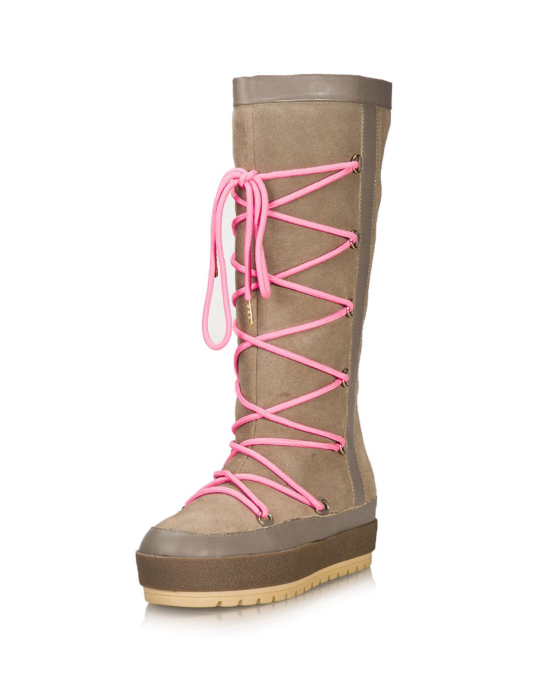 un 木石色牛剖层皮革交叉绑带长筒棉靴