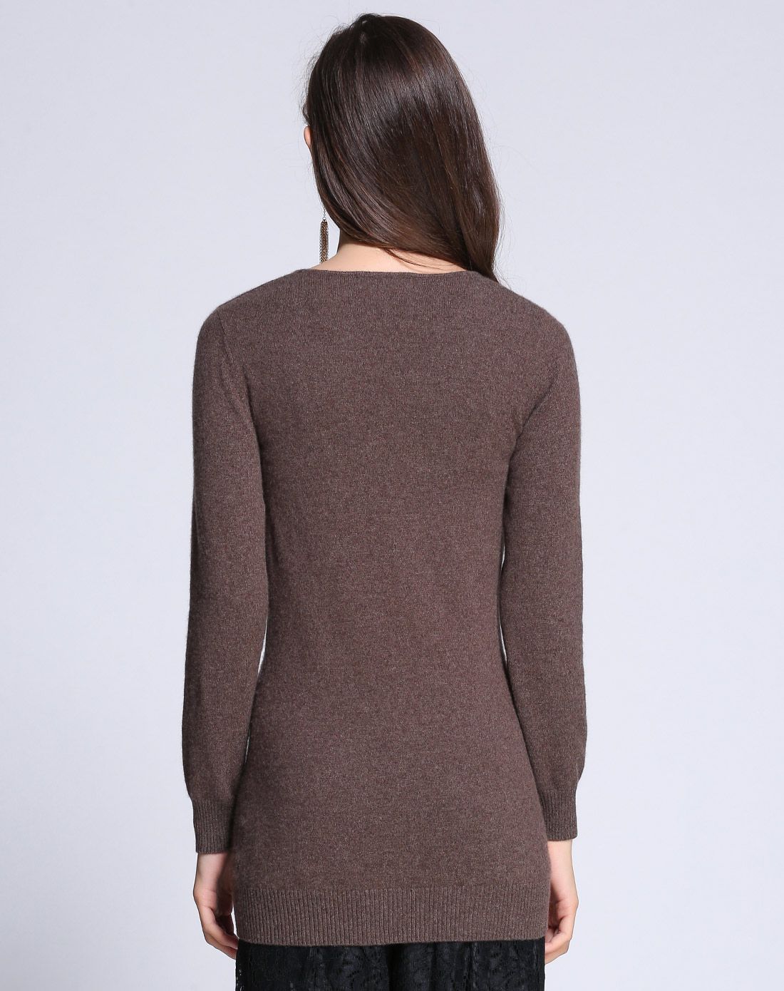 女款熟褐圆领中长套衫