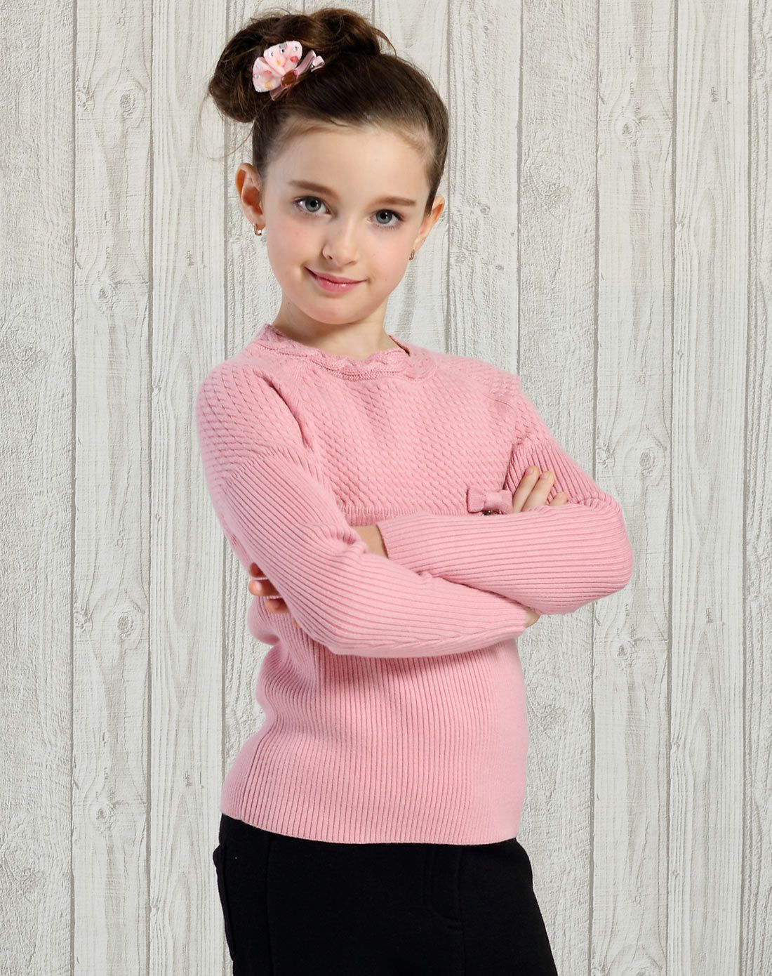 女童芙蓉粉净色圆领针织线衫