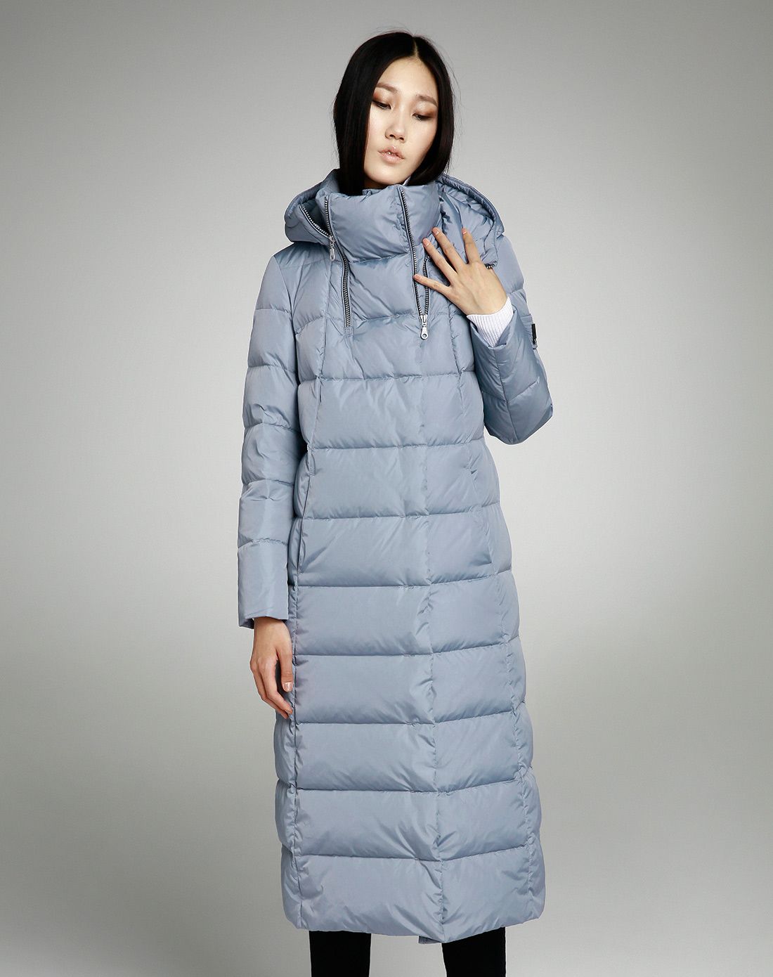 墨绿色刺绣连帽加长加厚过膝长款羽绒服