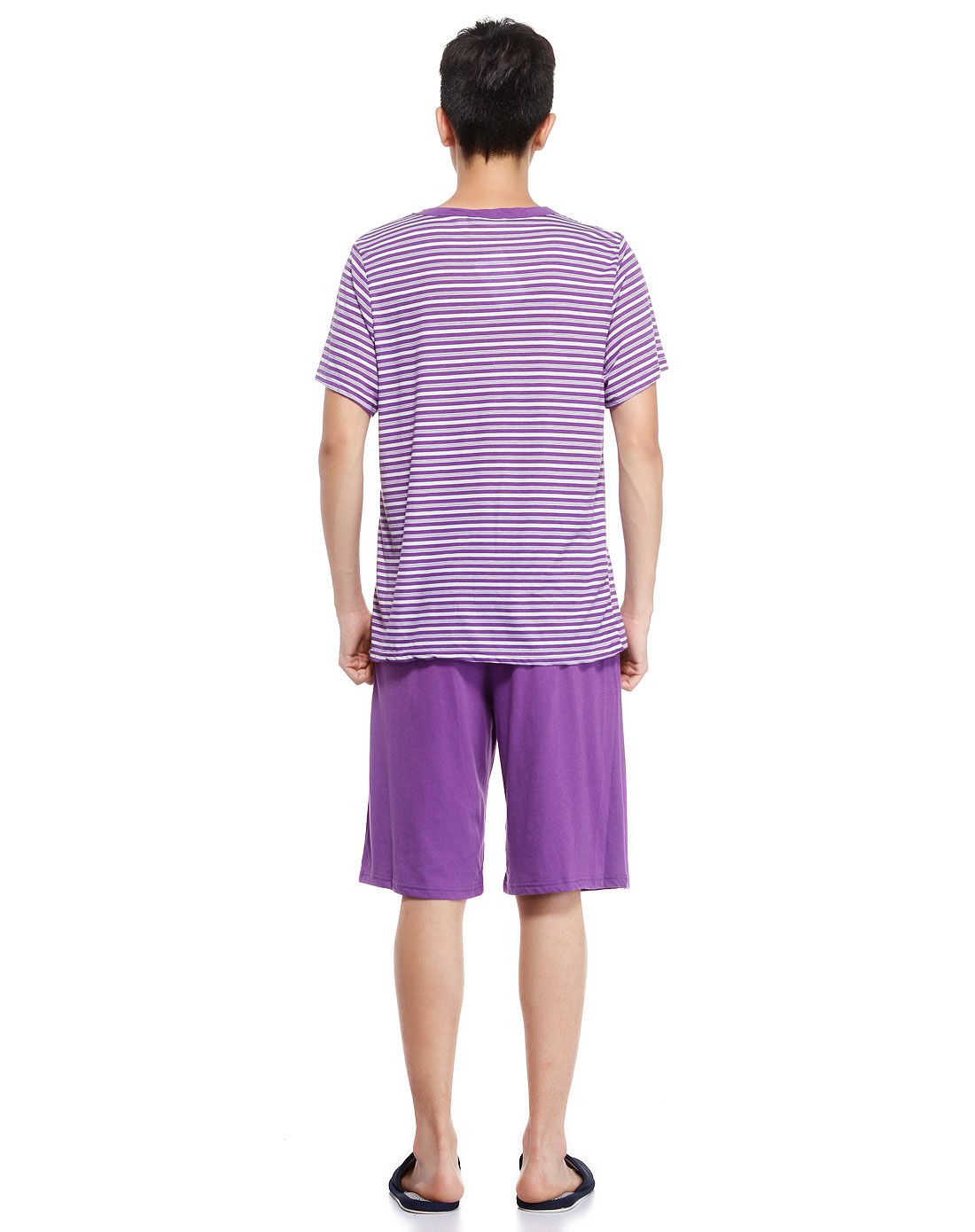 男款条纹紫色时尚短袖t恤套装