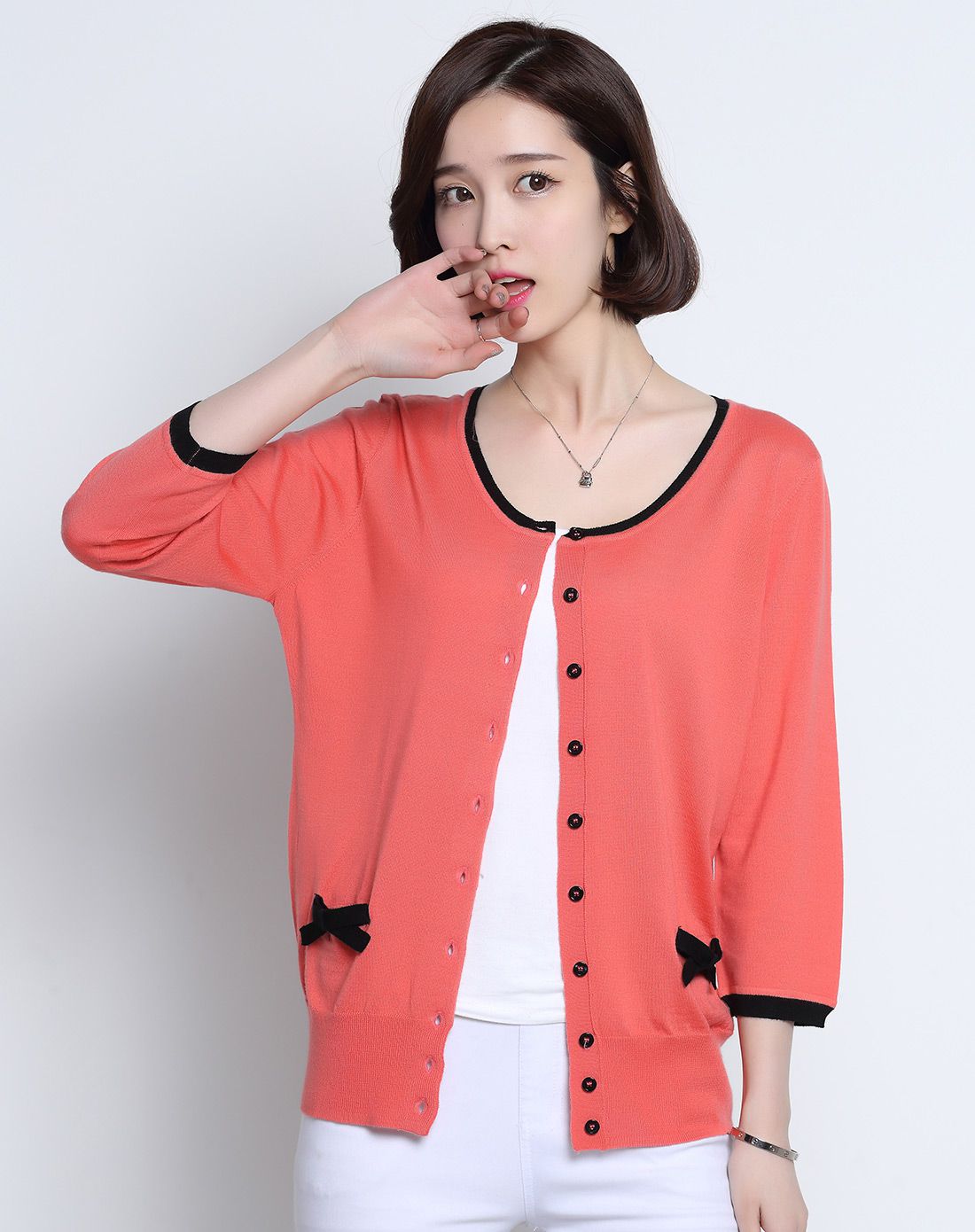 短款小蝴蝶结淑女羊毛针织开衫