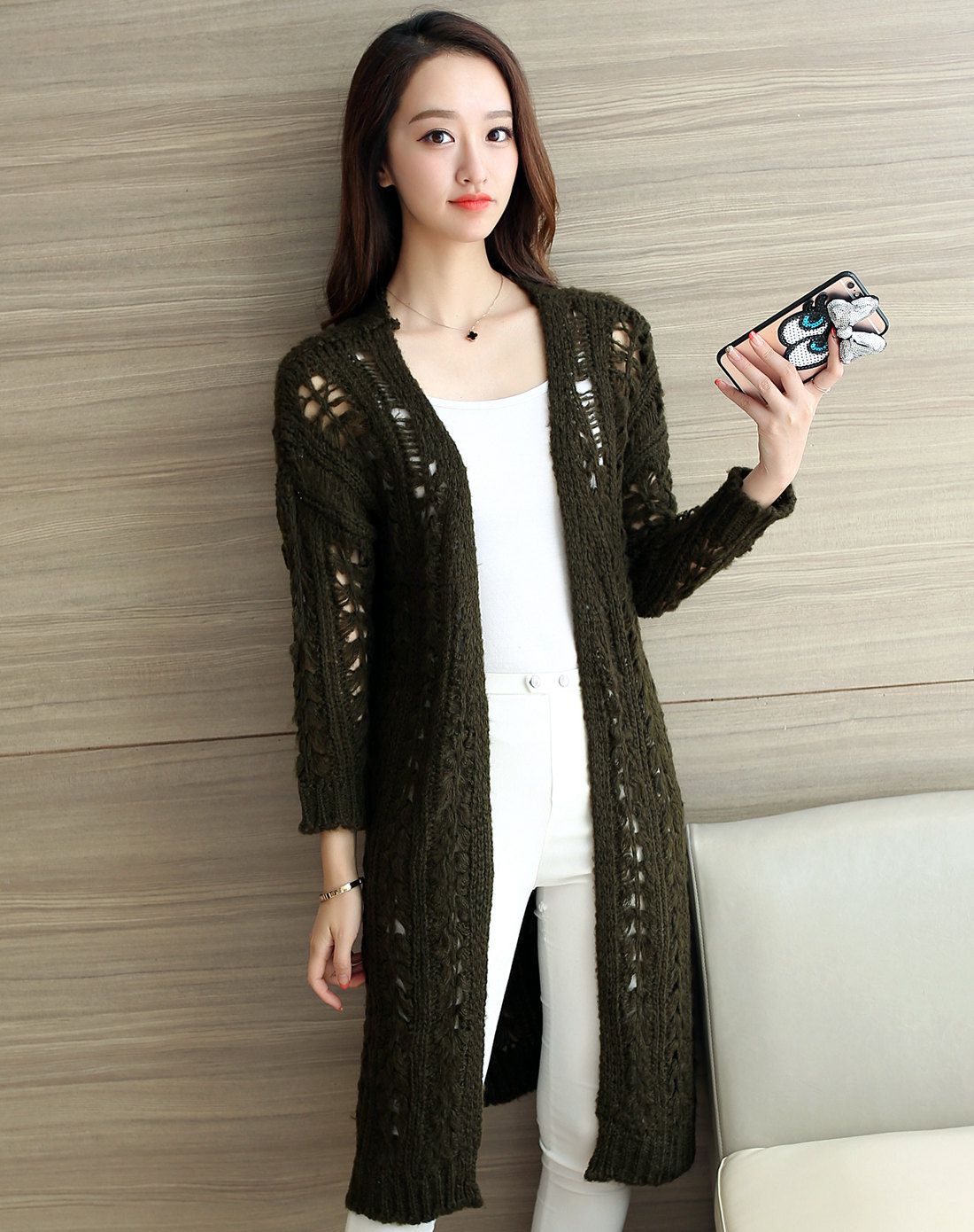 女酒红色中长款镂空纯色针织开衫