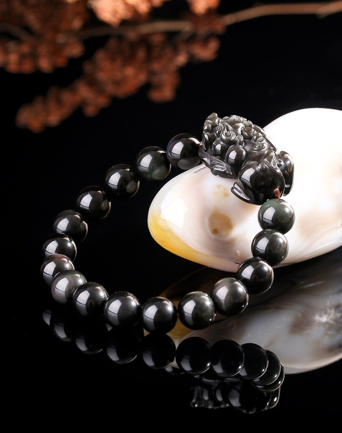 一生一石 天然黑曜石貔貅单圈手链10mm