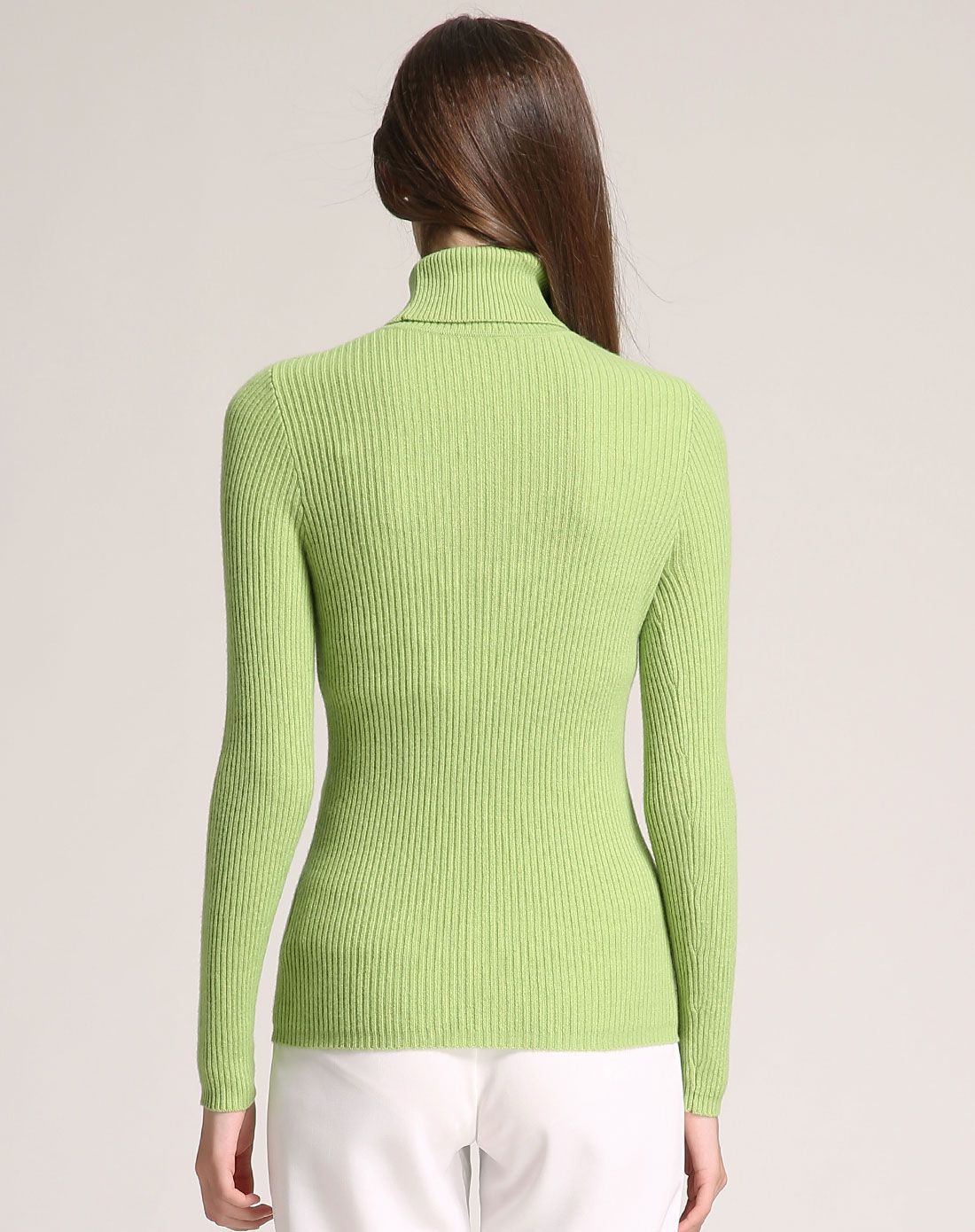 女款浅草绿高领针法修身纯羊绒衫