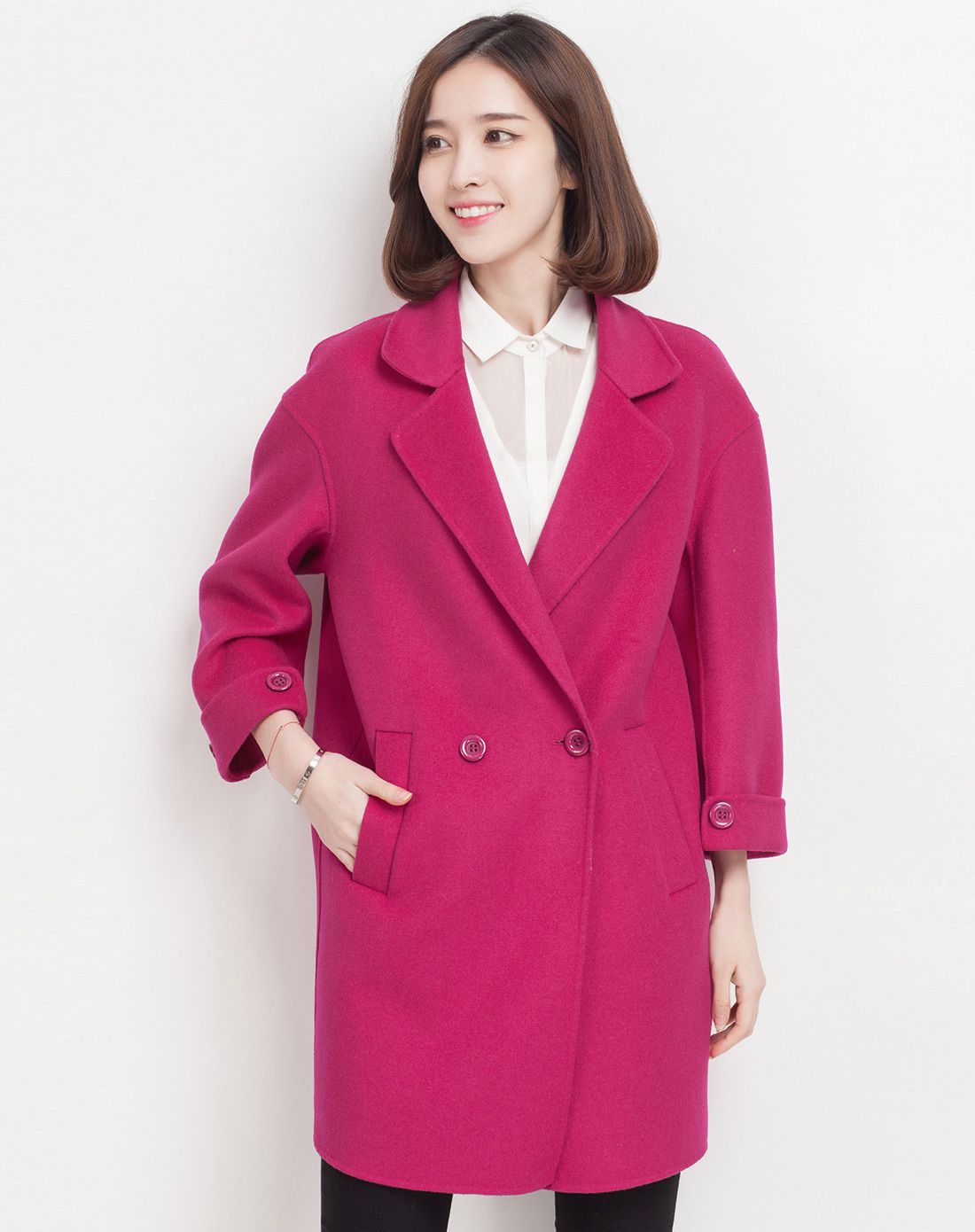 深玫红色简约百搭九分袖羊毛大衣