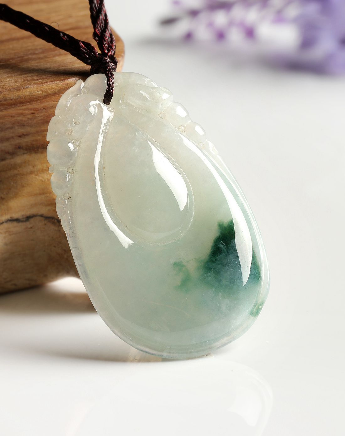 东方翡翠 天然a货豆种飘花万事如意翡翠挂件 附证书